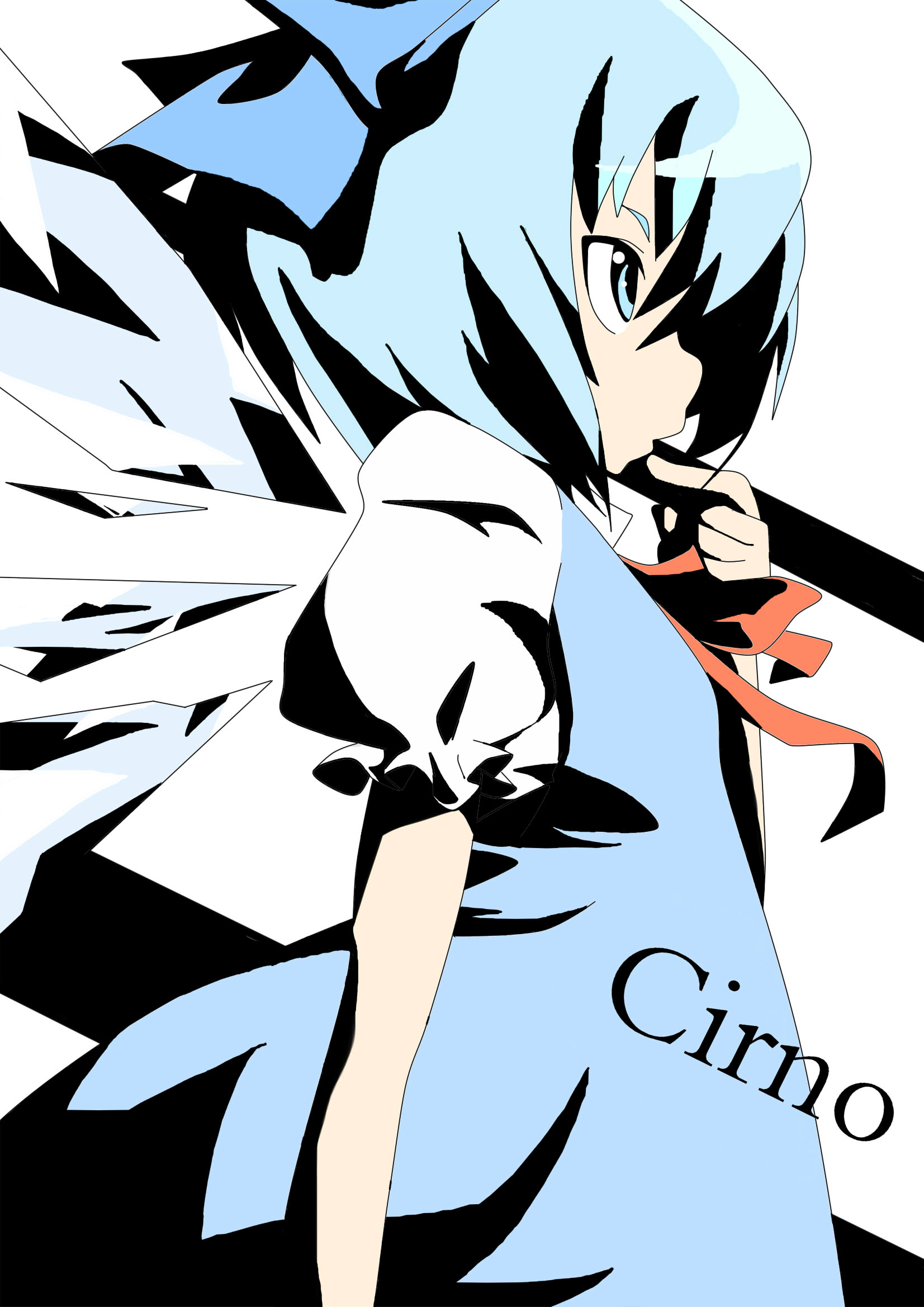 la-do, oguro (moyashi 2-hon), cirno, embodiment of scarlet devil, touhou, bad id, bad pixiv id, highres, 1girl, blue eyes, blue hair, bow, bowtie, character name, female focus, from side, hair bow, hand to own mouth, matching hair/eyes, red bow, red bowtie, solo, wings