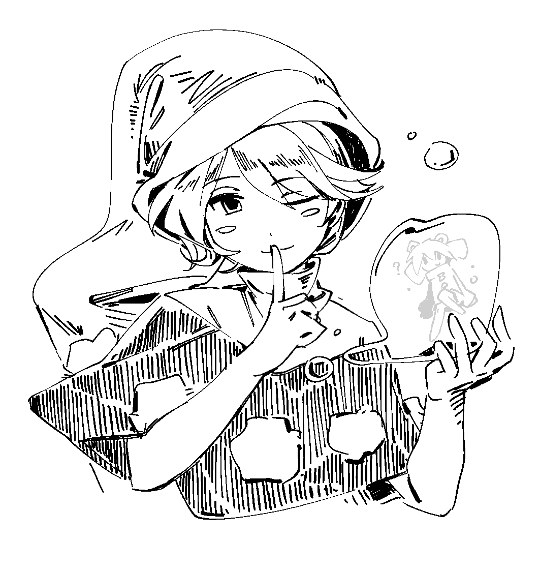 nme 0039, doremy sweet, legacy of lunatic kingdom, touhou, 1girl, blush stickers, dream soul, finger to mouth, greyscale, hat, high contrast, looking at viewer, monochrome, nightcap, one eye closed, portrait, short hair, shushing, sketch, solo, white background