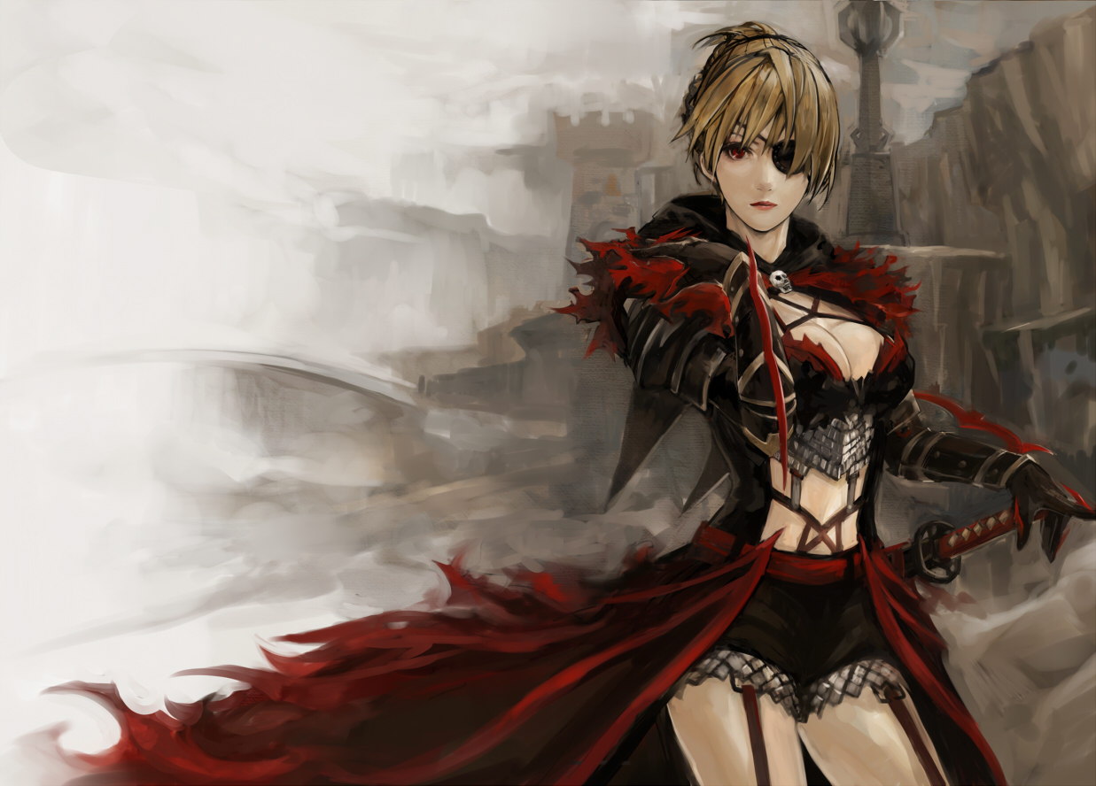 opiu, fantasy earth zero, 1girl, blonde hair, breasts, cape, cleavage, eyepatch, female focus, gauntlets, gloves, katana, large breasts, red eyes, sheath, sheathed, short hair, solo, sword, weapon