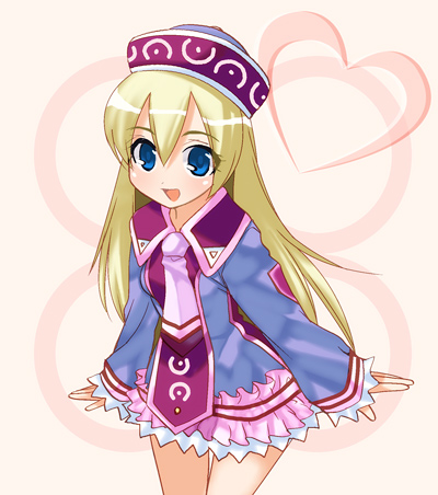 kuroto, kuroto (722), mizugame (lucent heart), lucent heart, bad id, bad pixiv id, lowres, 1girl, :d, blonde hair, blue dress, blue eyes, breasts, cowboy shot, dress, female focus, frills, hat, heart, long hair, long sleeves, looking at viewer, necktie, open mouth, parted bangs, short dress, skirt, sleeves past wrists, small breasts, smile, solo, standing, tabard, thigh gap, very long hair, wing collar