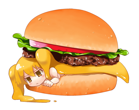 kuroto, kuroto (722), original, bad id, bad pixiv id, lowres, 1girl, blonde hair, burger, cheese, female focus, food, food girl, in food, mini person, minigirl, personification, solo, twintails, yellow eyes