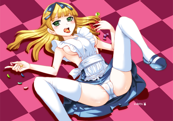kuroto, kuroto (722), original, bad id, bad pixiv id, 1girl, apron, blonde hair, breasts, candy, checkered floor, female focus, floor, food, green eyes, jelly bean, lying, mary janes, medium breasts, on back, on floor, open mouth, panties, ribbon, shoes, sideboob, skirt, solo, spread legs, thighhighs, tongue, underwear, white thighhighs