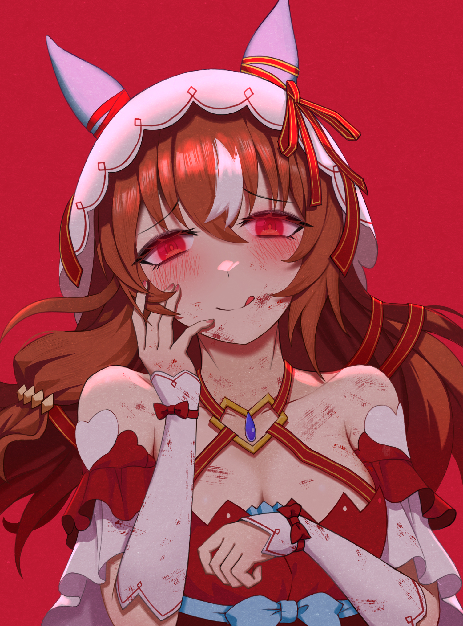 enddada, still in love (scarlet vow raiment) (umamusume), still in love (umamusume), umamusume, highres, 1girl, animal ears, bare shoulders, blush, bow, breasts, brown hair, closed mouth, detached sleeves, dress, ear covers, ear ribbon, hair between eyes, hair ornament, horse ears, horse girl, long hair, looking at viewer, multicolored hair, red background, red dress, red eyes, ribbon, scratches, shirt, simple background, smile, solo, streaked hair, tongue, tongue out, upper body, veil, white shirt, white veil, yandere, yandere trance