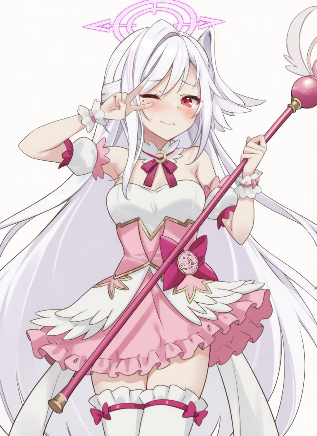 09cch29, suzumi (blue archive), suzumi (magical) (blue archive), blue archive, commentary request, highres, 1girl, bare shoulders, blush, bow, bustier, fake wings, half updo, halo, head wings, holding, holding staff, long hair, looking at viewer, mage staff, magical girl, mole, mole under eye, neck ribbon, parted bangs, pink bow, pink halo, pink ribbon, red eyes, ribbon, shy, single hair intake, single head wing, solo, staff, thighhighs, underbust, v, v over eye, very long hair, white background, white hair, white thighhighs, wings, zettai ryouiki