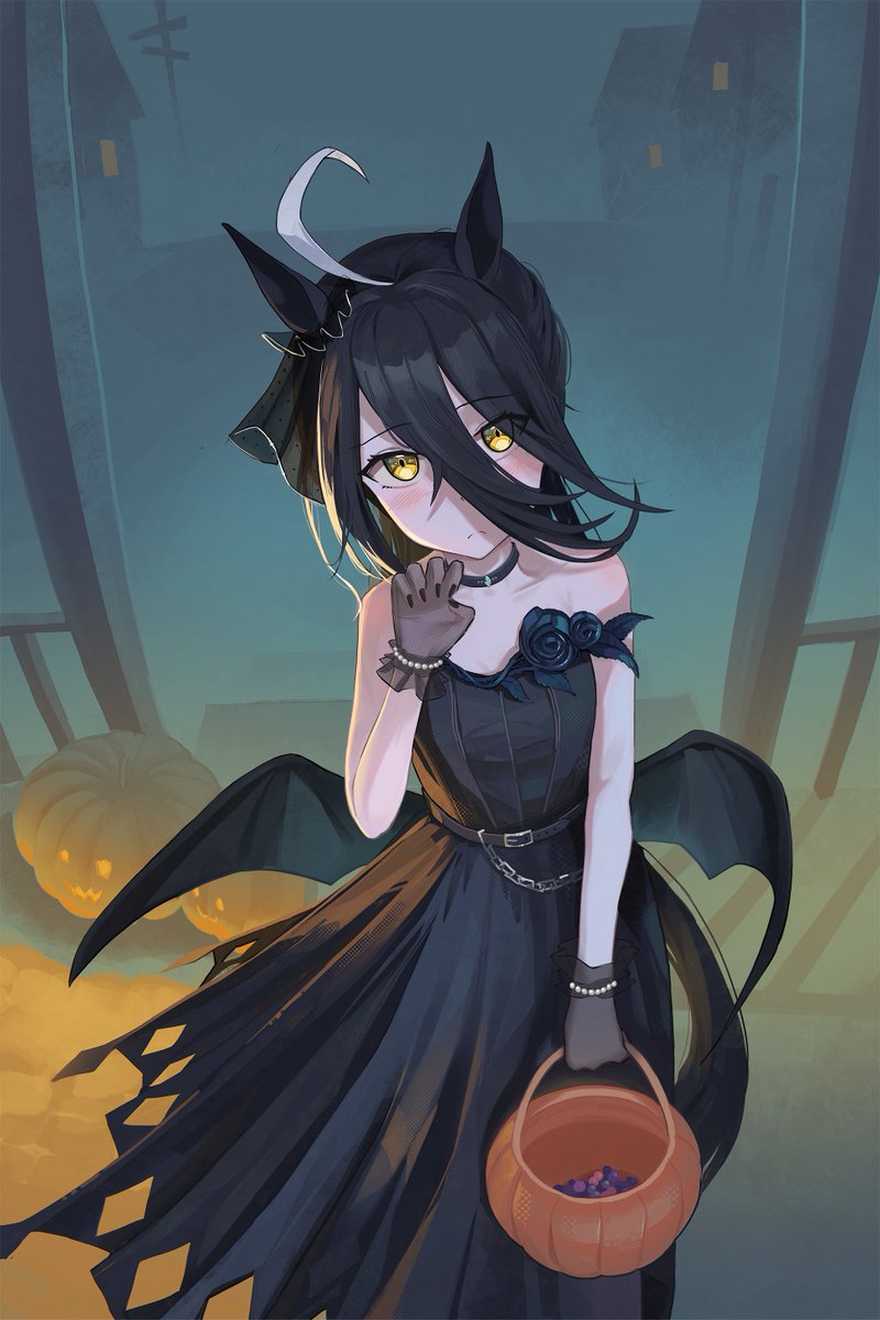 dev grater, manhattan cafe (umamusume), umamusume, highres, 1girl, ahoge, animal ears, bare shoulders, black choker, black dress, black gloves, black hair, black wings, blush, breasts, candy, choker, claw pose, closed mouth, dress, ear ornament, fog, food, gloves, hair between eyes, halloween, halloween bucket, horse ears, horse girl, horse tail, jack-o'-lantern, jewelry, long bangs, long hair, long hair between eyes, looking at viewer, multicolored hair, night, off-shoulder dress, off shoulder, outdoors, pumpkin, skirt, solo, tail, white hair, wings, yellow eyes