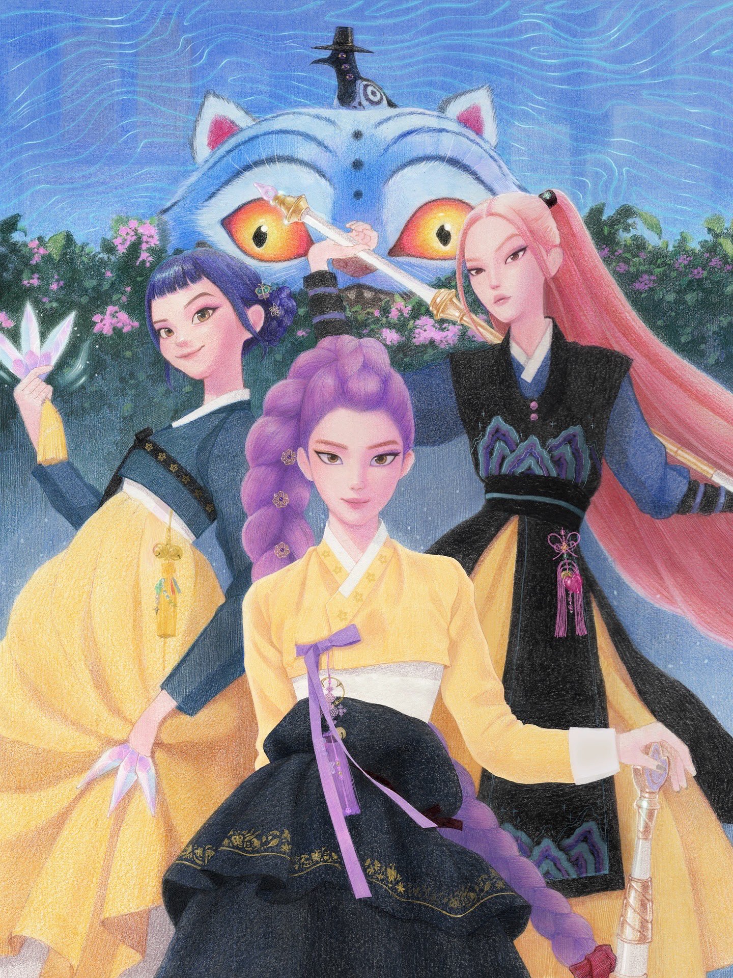 derpy (kpop demon hunters), mira (kpop demon hunters), rumi (kpop demon hunters), sussie (kpop demon hunters), zoey (kpop demon hunters), kpop demon hunters, commentary request, highres, korean commentary, 3girls, bird, black hair, blue sky, braid, braided ponytail, brown eyes, closed mouth, gat (hat), hanbok, hantograph, hat, holding, holding polearm, holding weapon, korean clothes, long hair, long sleeves, looking at viewer, multiple girls, planted, planted sword, planted weapon, polearm, purple hair, short bangs, sidelocks, sky, smile, sword, tiger, twintails, weapon