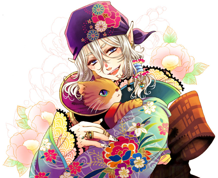 kusuriuri (mononoke), mononoke, 00s, 1boy, bandana, blonde hair, blue eyes, bodypaint, camellia, cat, cuffs, facepaint, fingernails, floral print, flower, hug, japanese clothes, kimono, long fingernails, makeup, male focus, nail (hardware), nail art, obi, open mouth, pointy ears, sash, seigaiha, sharp teeth, smile, solo, teeth