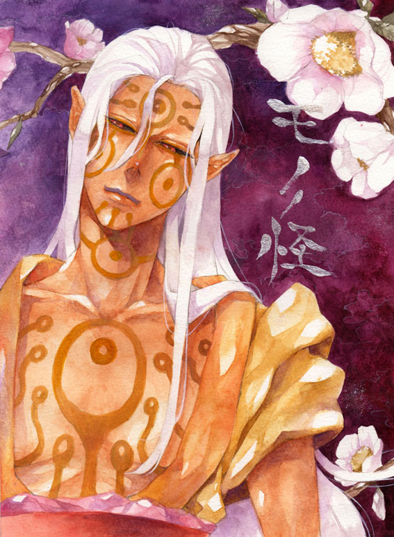 kusuriuri (mononoke), kusuriuri (shingi) (mononoke), mononoke, painting (medium), traditional media, watercolor (medium), 00s, 1boy, bodypaint, copyright name, dark-skinned male, dark skin, facepaint, flower, japanese clothes, kimono, long hair, makeup, male focus, obi, open clothes, open kimono, pointy ears, sash, solo, white hair