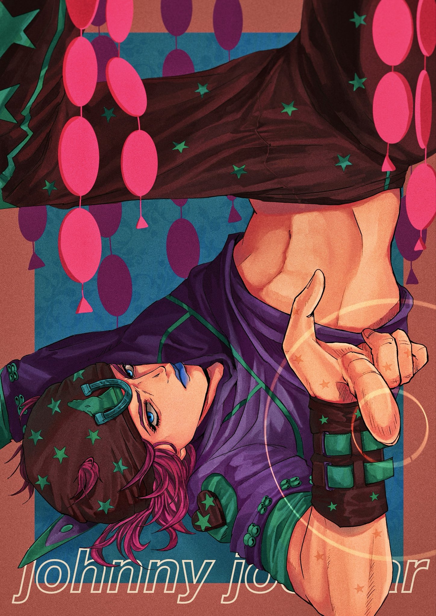johnny joestar, jojo no kimyou na bouken, steel ball run, commentary request, highres, 1boy, 39zaku39, beanie, blue eyes, blue lips, brown hat, brown pants, character name, hat, heart ornament, hood, hood down, hoodie, horse print, horseshoe hat ornament, horseshoe ornament, looking at viewer, makeup, male focus, medium hair, midriff, navel, pants, pink hair, purple hoodie, solo, star (symbol), star print, upside-down, wristband
