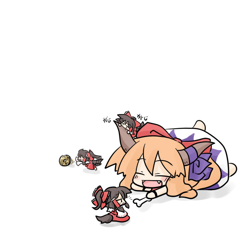 yanagi (nurikoboshi), hakurei reimu, ibuki suika, touhou, 4girls, biting, bone, chibi, clone, coin, fang, female focus, mini person, minigirl, multiple girls, tail