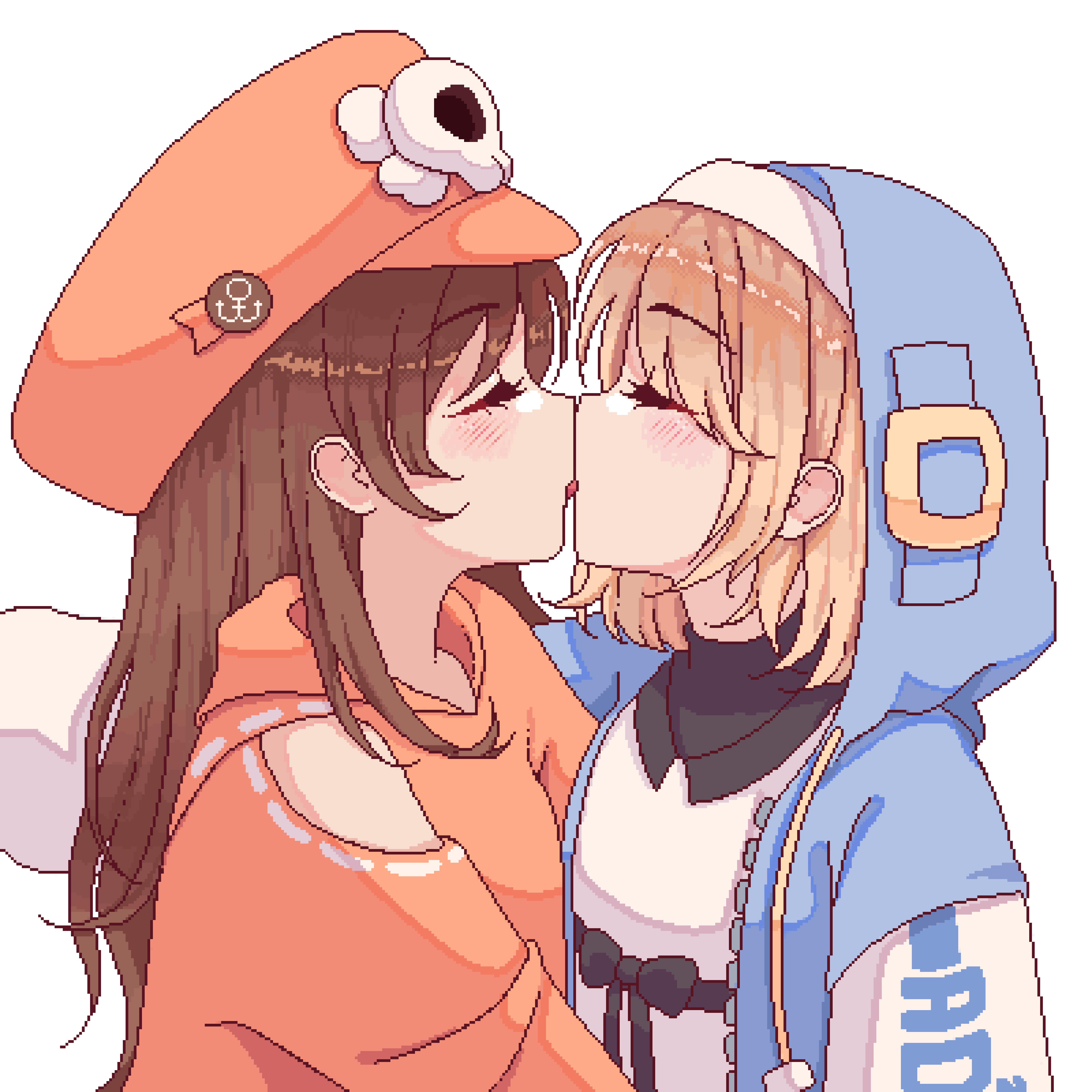 bridget (guilty gear), may (guilty gear), guilty gear, guilty gear strive, absurdres, commentary, english commentary, highres, 1boy, 1girl, blonde hair, blush, brown hair, closed eyes, cuwy, facing another, hat, hood, hood up, hooded jacket, jacket, kiss, long hair, long sleeves, open clothes, open jacket, orange hat, orange shirt, shirt, short hair, skull and crossbones, white background, white shirt