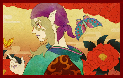 kusuriuri (mononoke), mononoke, lowres, 00s, 1boy, bandana, blonde hair, bug, butterfly, egasumi, facepaint, flower, japanese clothes, kimono, makeup, male focus, obi, pointy ears, sash, solo