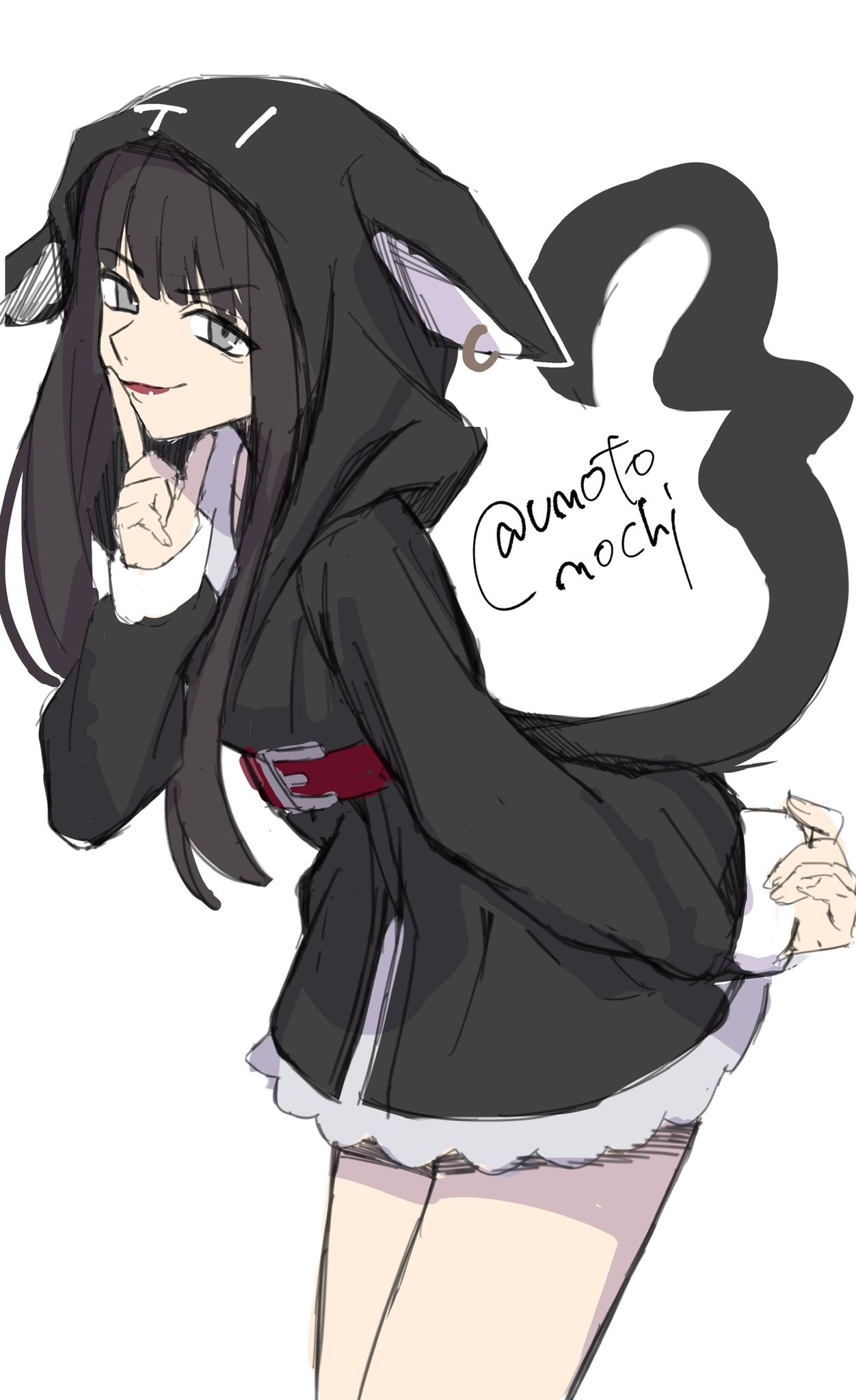 umotomochi, sakurane shoka, shin subarashiki kono sekai, subarashiki kono sekai, commentary request, highres, 1girl, animal ear hood, belt, black hair, black hoodie, closed mouth, fake animal ears, finger to mouth, grey eyes, hood, hoodie, index finger raised, leaning forward, long hair, looking at viewer, red lips, simple background, smile, solo, tail, white background