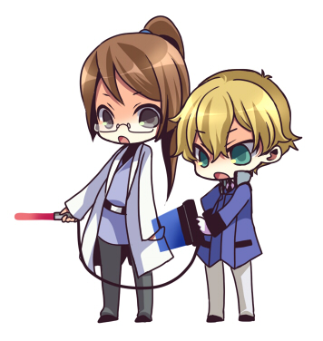 otsuo, billy katagiri, graham aker, gundam, gundam 00, bad id, bad pixiv id, lowres, 00s, 2boys, :o, blonde hair, brown hair, cable, glasses, holding, lab coat, long hair, long sleeves, male focus, multiple boys, open mouth, ponytail, rimless eyewear, simple background, trap, white background