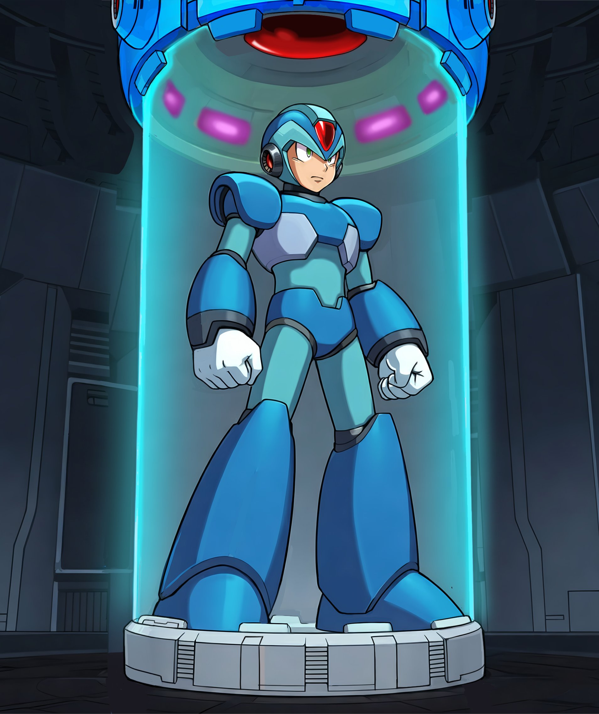 dauntedx, x (mega man), mega man (series), mega man x (series), highres, 1boy, android, armor, blue armor, blue helmet, clenched hands, facial mark, forehead mark, green eyes, helmet, male focus, solo