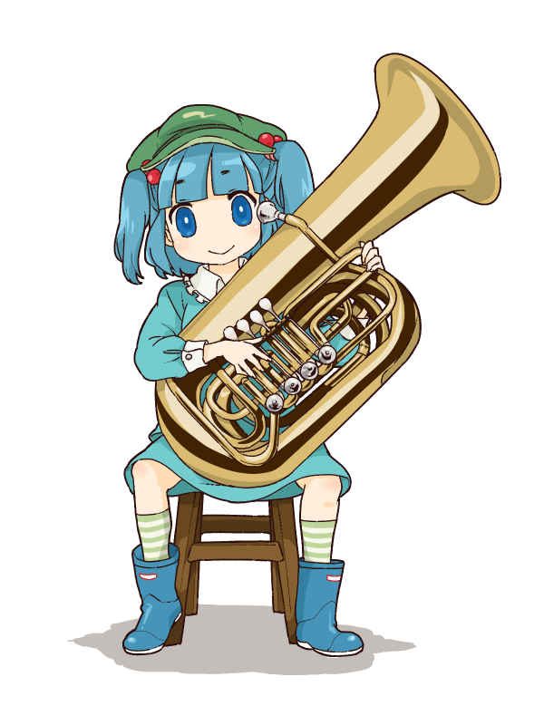mizushima ittou hei, kawashiro nitori, touhou, bad id, bad pixiv id, 1girl, :>, blue eyes, blue hair, boots, female focus, hair bobbles, hair ornament, instrument, matching hair/eyes, music, socks, solo, striped clothes, striped socks, tuba, two side up