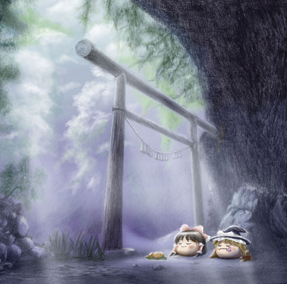 murasaki-no, hakurei reimu, kirisame marisa, touhou, female focus, food, forest, gate, nature, night, no humans, scenery, sleeping, taiyaki, torii, tree, wagashi, yukkuri shiteitte ne