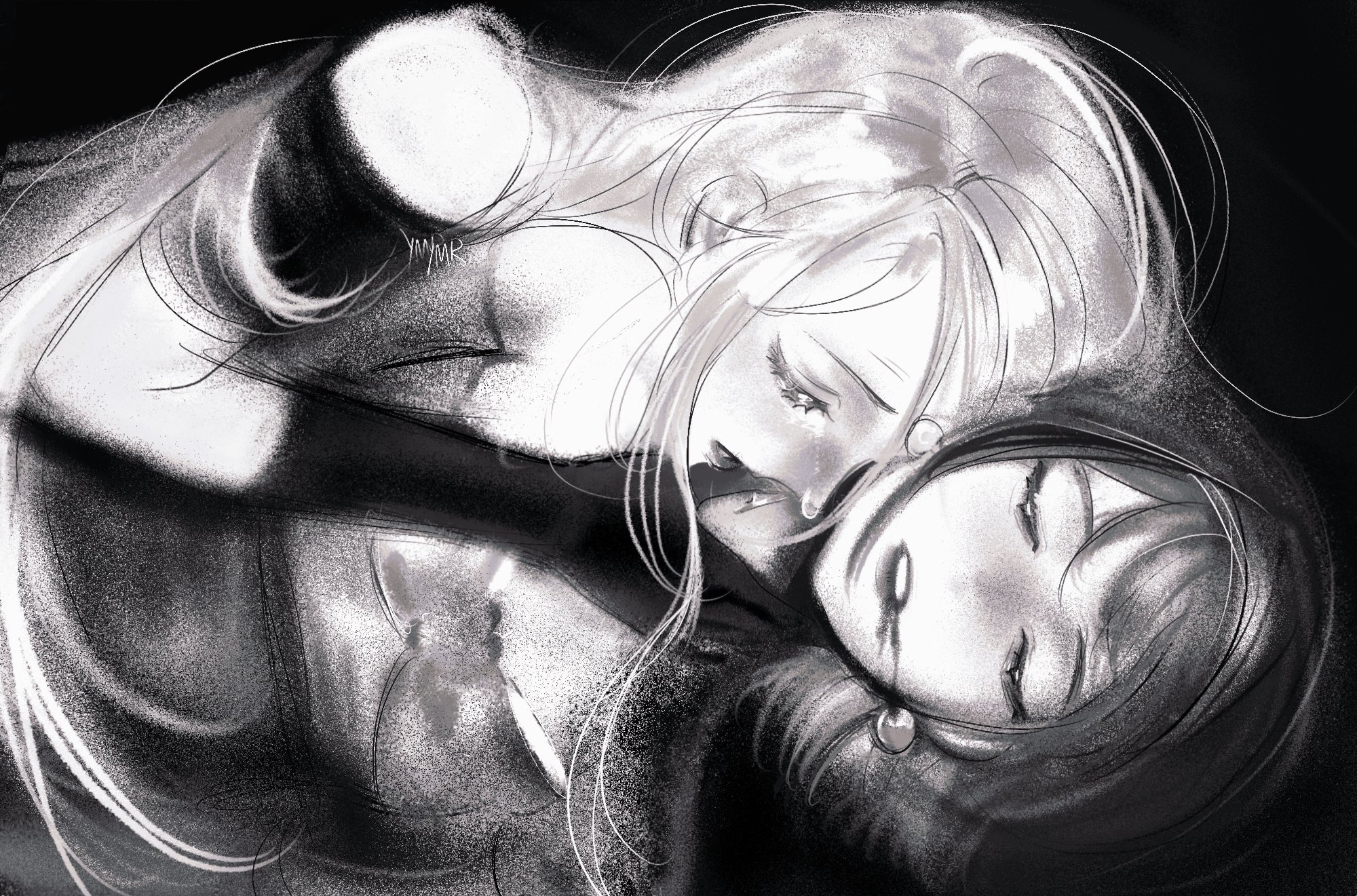 ymr18, mizi (alien stage), sua (alien stage), alien stage, commentary, english commentary, highres, 2girls, blood, blood from mouth, closed eyes, crying, earrings, gloves, greyscale, jewelry, long hair, monochrome, multiple girls, signature