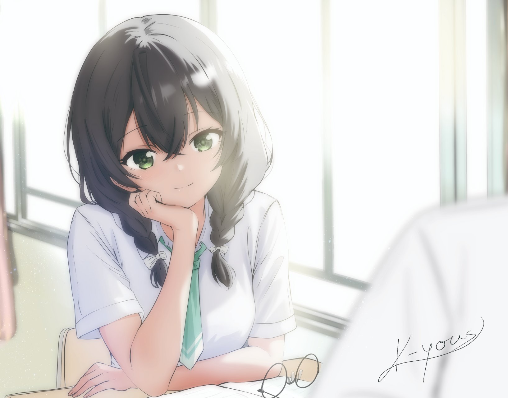k-yous, hanakuma chifuyu, cevio, synthesizer v, commentary request, highres, 1girl, 1other, artist name, black-framed eyewear, black hair, blurry, book, bow, braid, chair, cheek rest, classroom, closed mouth, collared shirt, depth of field, desk, elbow rest, glasses, green eyes, green necktie, hair bow, head on hand, looking at viewer, low twin braids, necktie, school chair, school desk, shirt, short sleeves, signature, smile, solo focus, sunlight, twin braids, unworn eyewear, white bow, white shirt, window