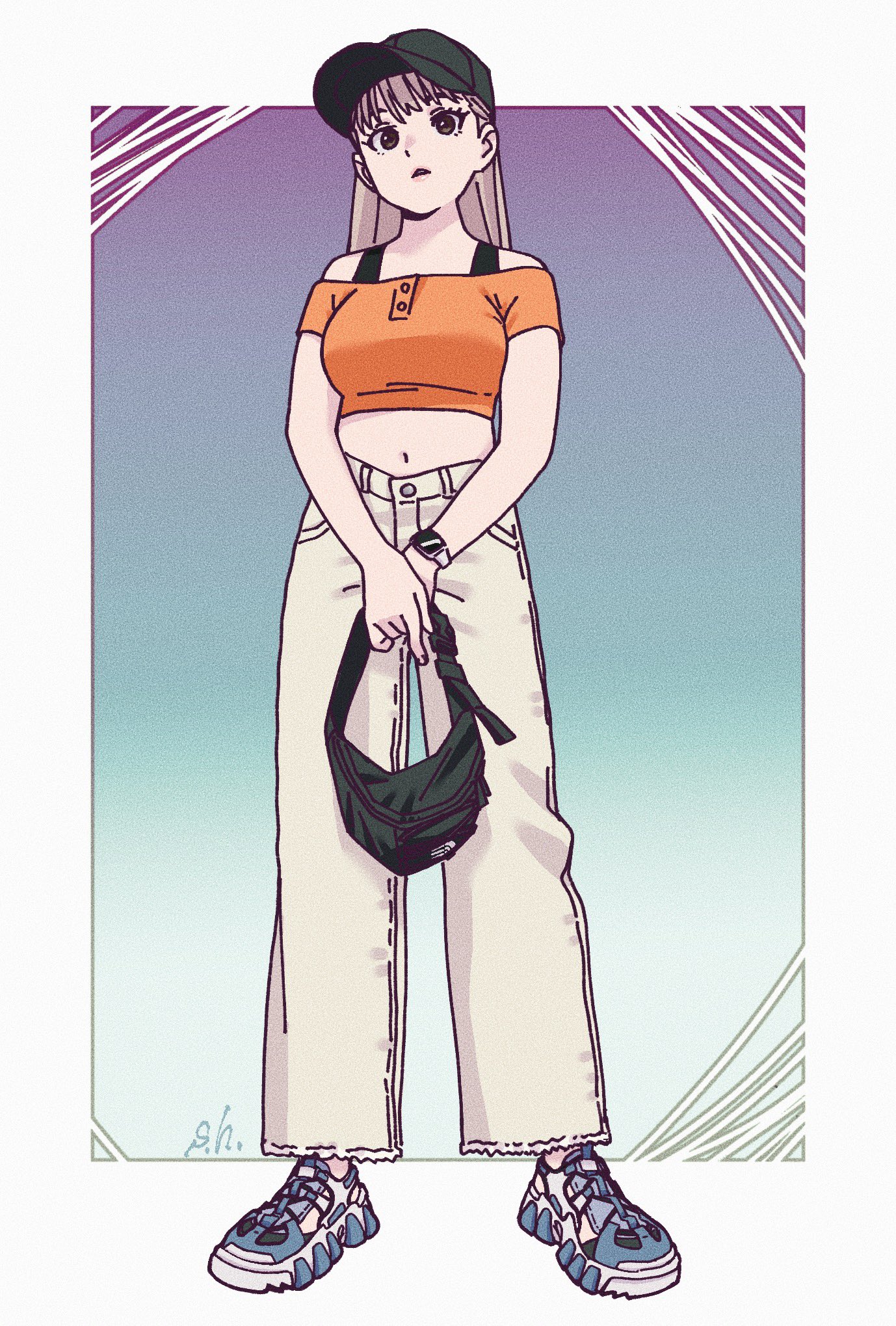 handa shuuhei, somei yoshino (spriggan), spriggan (manga), highres, 1girl, black hat, breasts, denim, fanny pack, full body, hat, jeans, long hair, looking at viewer, navel, pants, shoes, sneakers, solo, watch