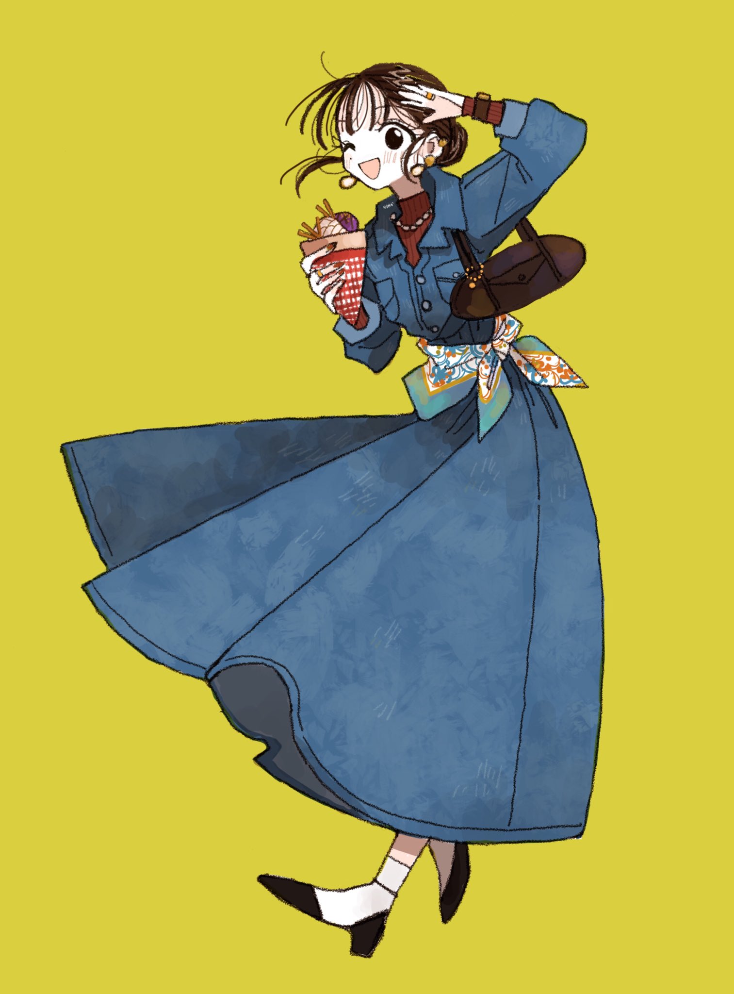 yasu urayaka, original, highres, 1girl, bag, bandana, blush, brown bag, brown hair, brown nails, crepe, denim dress, desert, dress, earrings, food, from side, full body, high heels, holding, holding crepe, holding food, jewelry, long dress, looking at viewer, medium hair, nail polish, necklace, one eye closed, pearl necklace, red sweater, ring, salute, shoulder bag, simple background, smile, socks, solo, standing, sweater, turtleneck, turtleneck sweater, watch, white socks, wispy bangs, wristwatch, yellow background