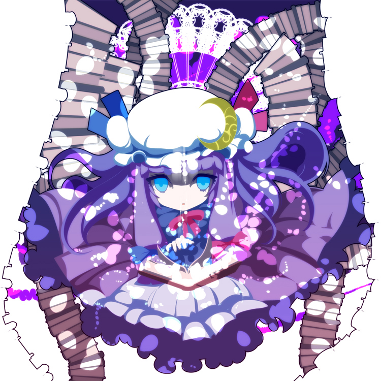 uki (room 405), patchouli knowledge, touhou, light, 1girl, blue eyes, book, female focus, hat, purple hair, ribbon, solo