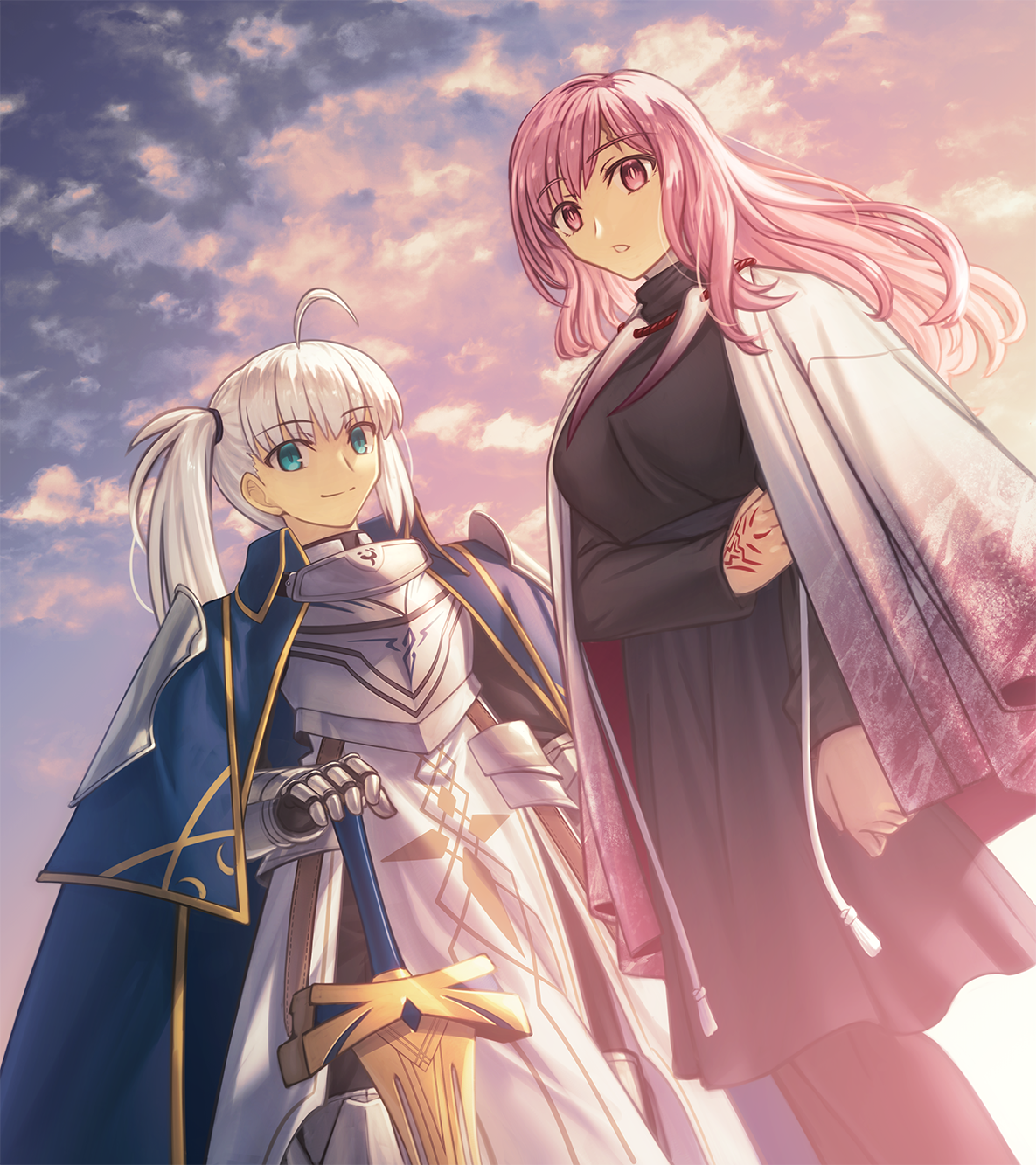 shoori (migiha), fate (series), original, commentary request, commission, commissioner upload, highres, skeb commission, 1boy, 1girl, :o, androgynous, armor, black leggings, black shirt, black skirt, blue cape, blunt bangs, breastplate, breasts, cape, cloak, closed mouth, cloud, cloudy sky, command spell, gauntlets, green eyes, hair down, holding, holding sword, holding weapon, horns removed, jewelry, leggings, long hair, looking at viewer, necklace, outdoors, pelvic curtain, pink eyes, pink hair, scar, shirt, shoulder armor, side ponytail, skirt, sky, slit pupils, smile, sword, trap, turtleneck, weapon, white hair