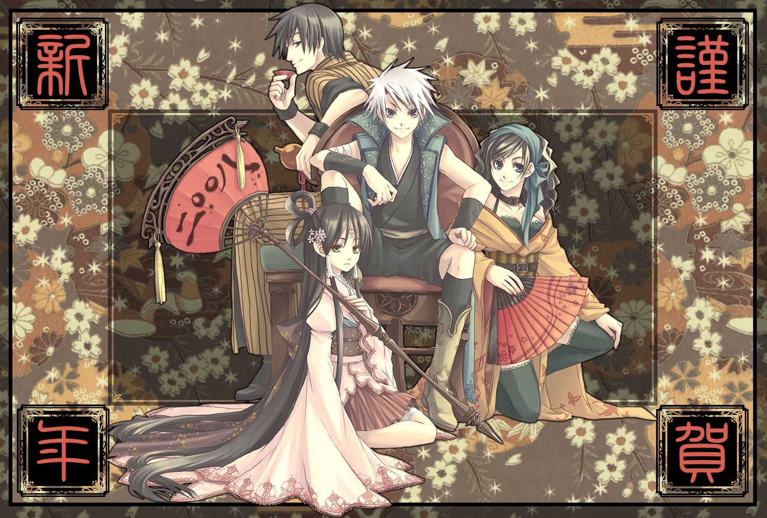 hidaka nami, nami (aprico), nami (pixiv456219), bad id, bad pixiv id, 2boys, 2girls, black hair, boots, breasts, brown hair, cleavage, dress, flower, hand fan, long hair, multiple boys, multiple girls, short hair, skirt, thighhighs, white hair, zettai ryouiki