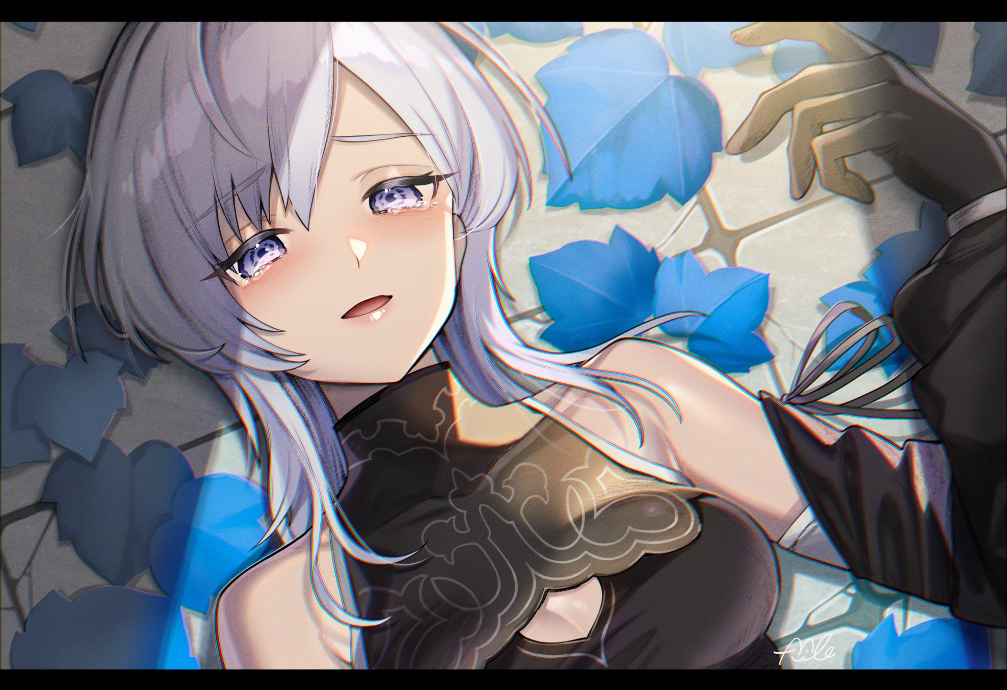 mile t0r0, 10h (nier reincarnation), nier (series), nier reincarnation, commentary request, highres, 1girl, bare shoulders, black gloves, black sleeves, blue leaf, breasts, cleavage cutout, clothing cutout, detached sleeves, gloves, letterboxed, long hair, looking at viewer, lying, medium breasts, on back, open mouth, parted bangs, purple eyes, sleeveless, smile, solo, tearing up, white hair