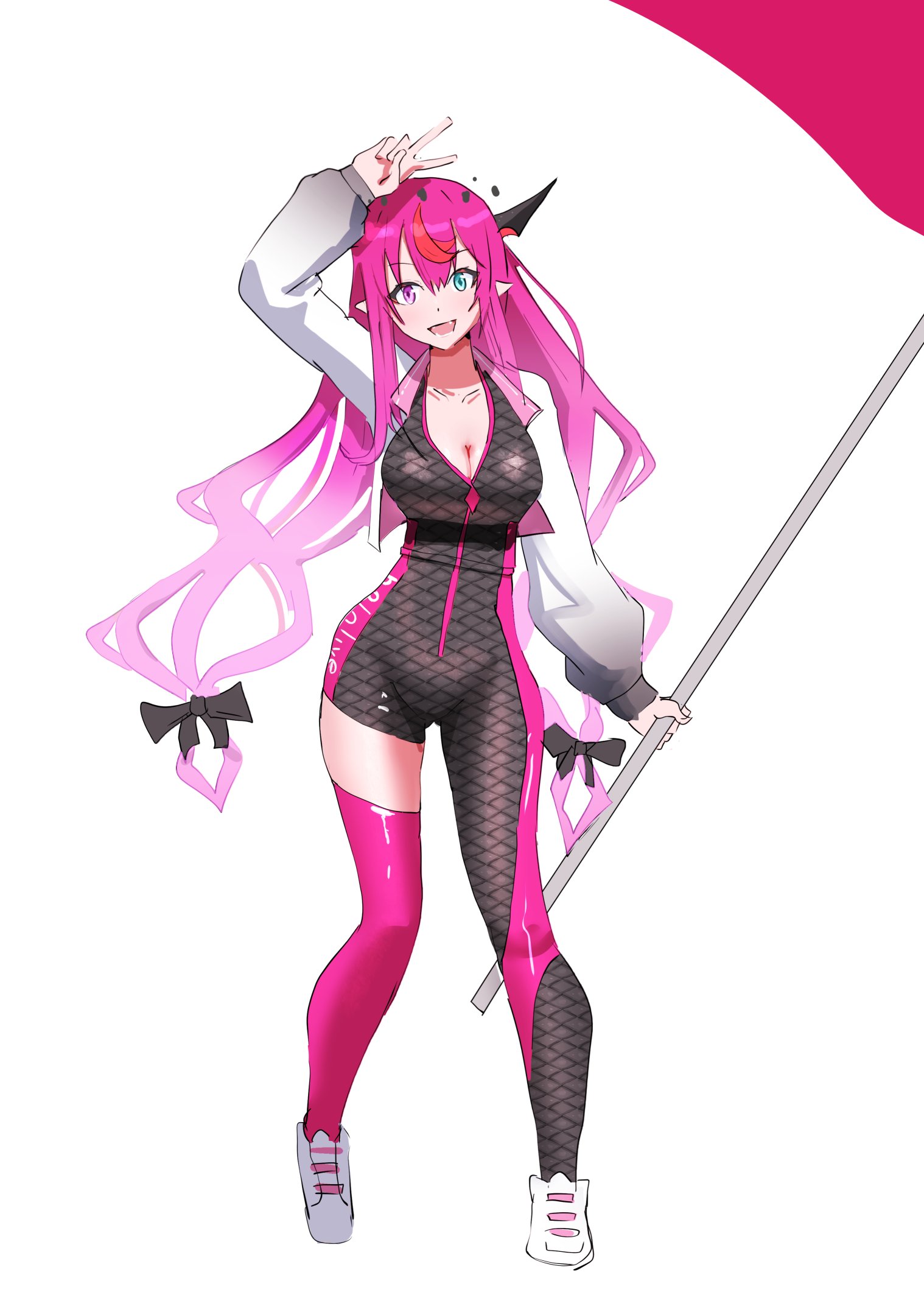angelchama, irys (hololive), hololive, hololive english, highres, 1girl, black horns, black pants, black shirt, blue eyes, breasts, cleavage, collarbone, fang, flag, full body, heterochromia, holding, holding flag, horns, jacket, large breasts, long hair, multicolored hair, pants, pointy ears, purple eyes, purple hair, purple thighhighs, race queen, red hair, shirt, simple background, thighhighs, two-tone hair, v, virtual youtuber, white background, white jacket