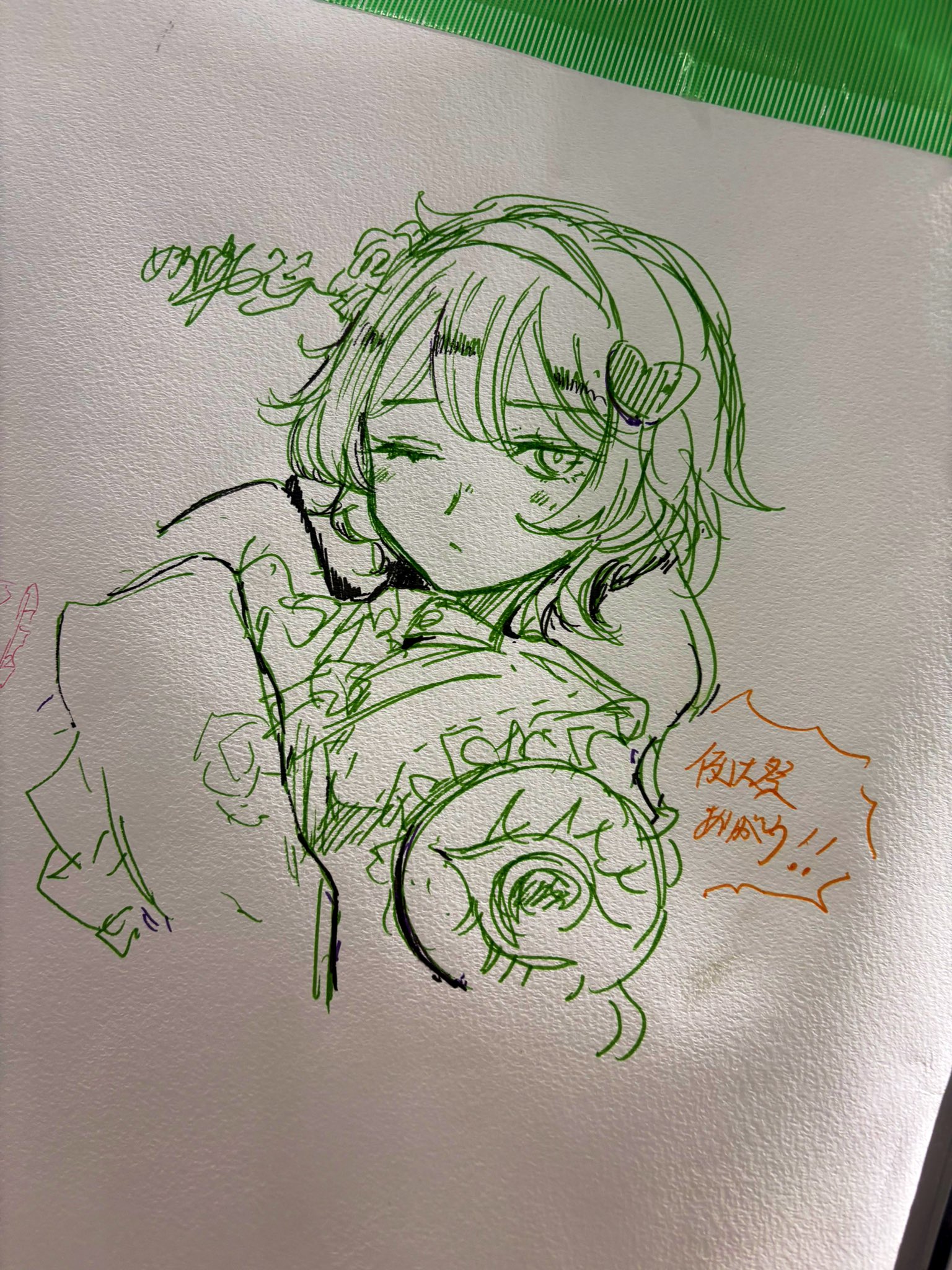 mesuosushi, komeiji satori, subterranean animism, touhou, highres, pen (medium), traditional media, 1girl, hair ornament, heart, heart hair ornament, light blush, looking at viewer, one eye closed, portrait, short hair, sketch, third eye