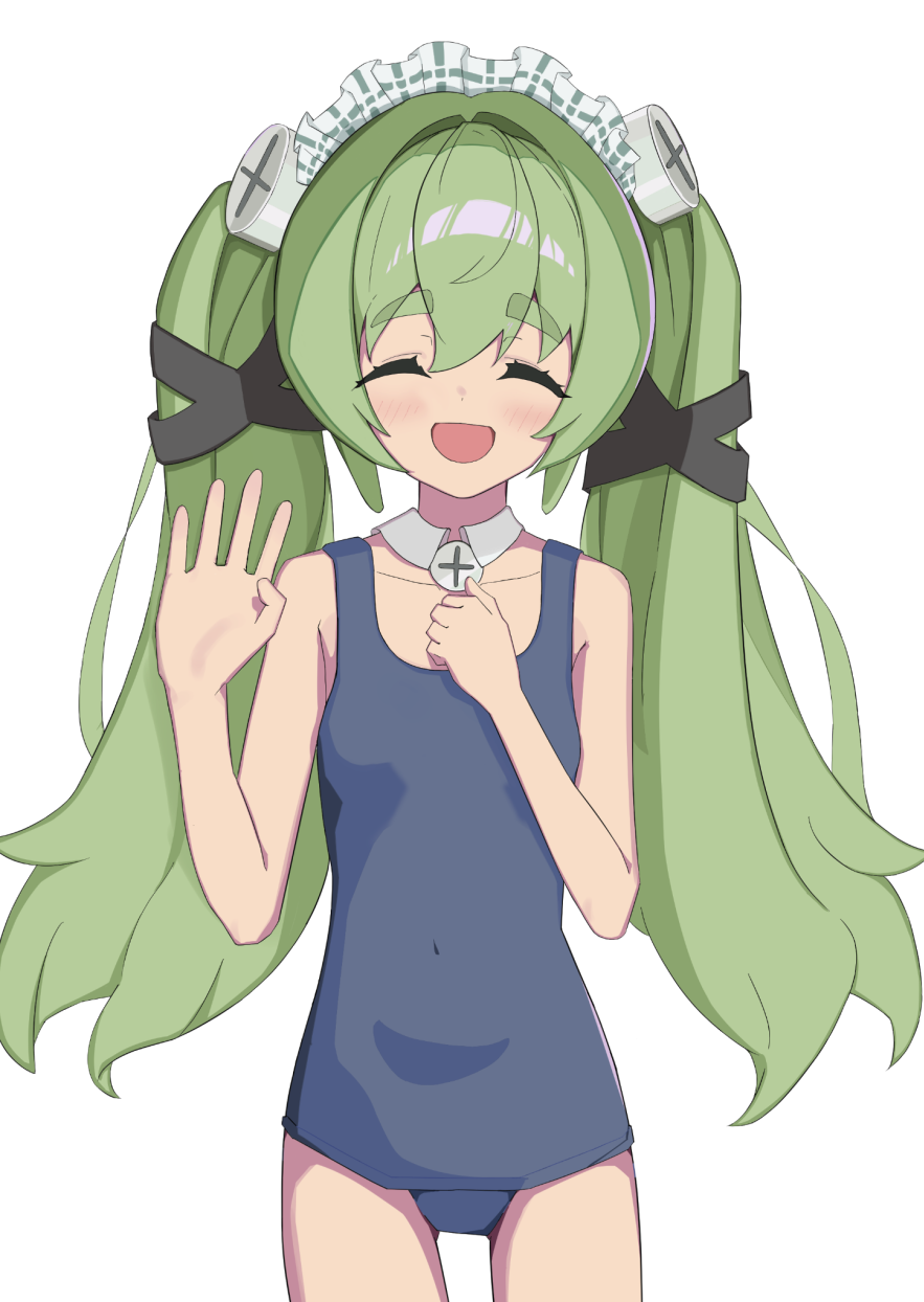 corin wickes, zenless zone zero, commentary request, highres, 1girl, alternate costume, blush, closed eyes, green hair, hair between eyes, long hair, maid, maid headdress, one-piece swimsuit, open mouth, purupuruck, screw hair ornament, simple background, solo, swimsuit, twintails, waving, white background