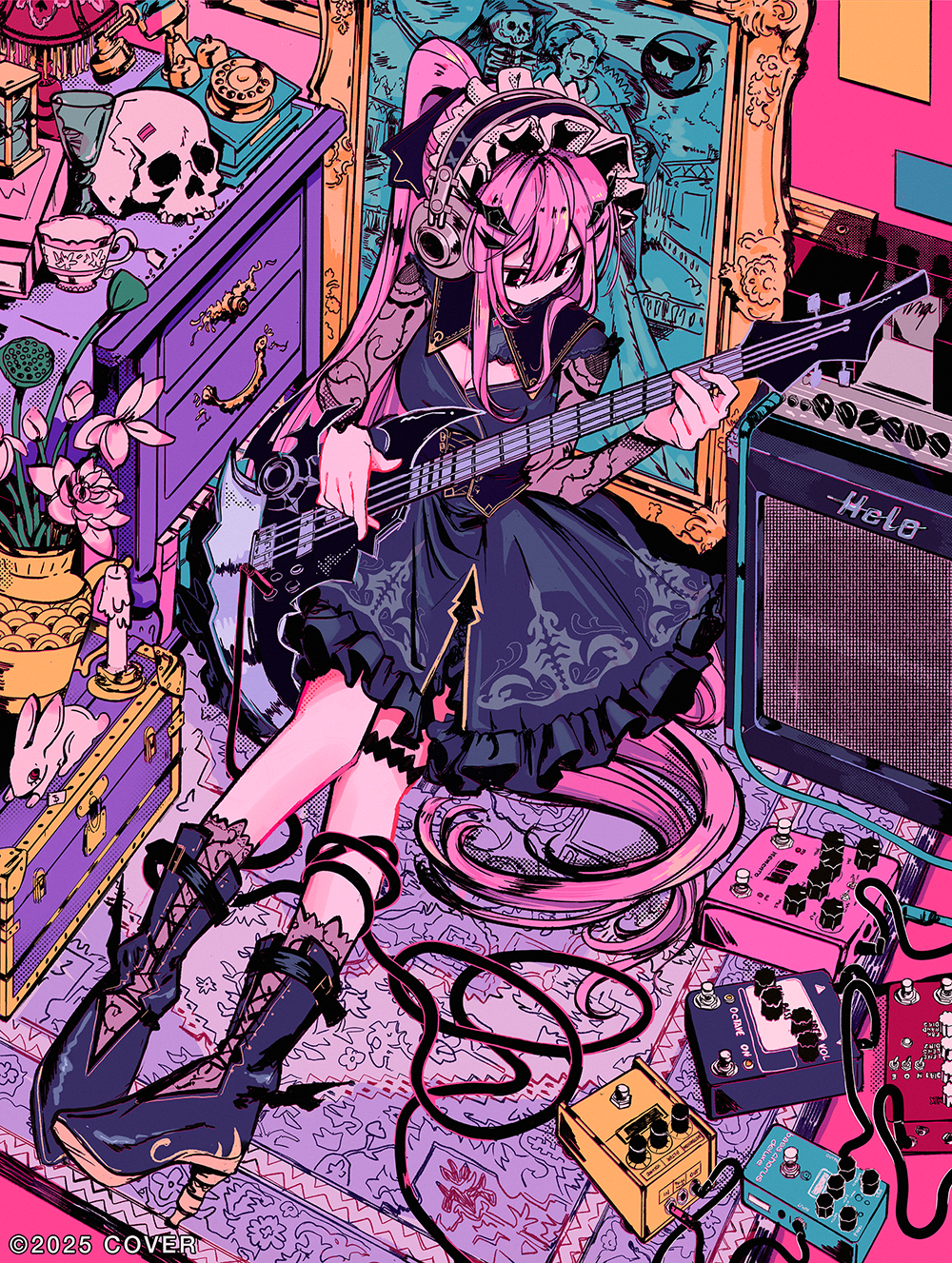 crisalys, mori calliope, hololive, hololive english, original, highres, 1girl, amplifier, bass guitar, black dress, boots, cable, dress, effects pedal, frilled dress, frills, full body, headphones, high heel boots, high heels, indoors, instrument, lolita fashion, long hair, long sleeves, music, on floor, pink hair, playing instrument, short dress, sitting, skull, solo, very long hair