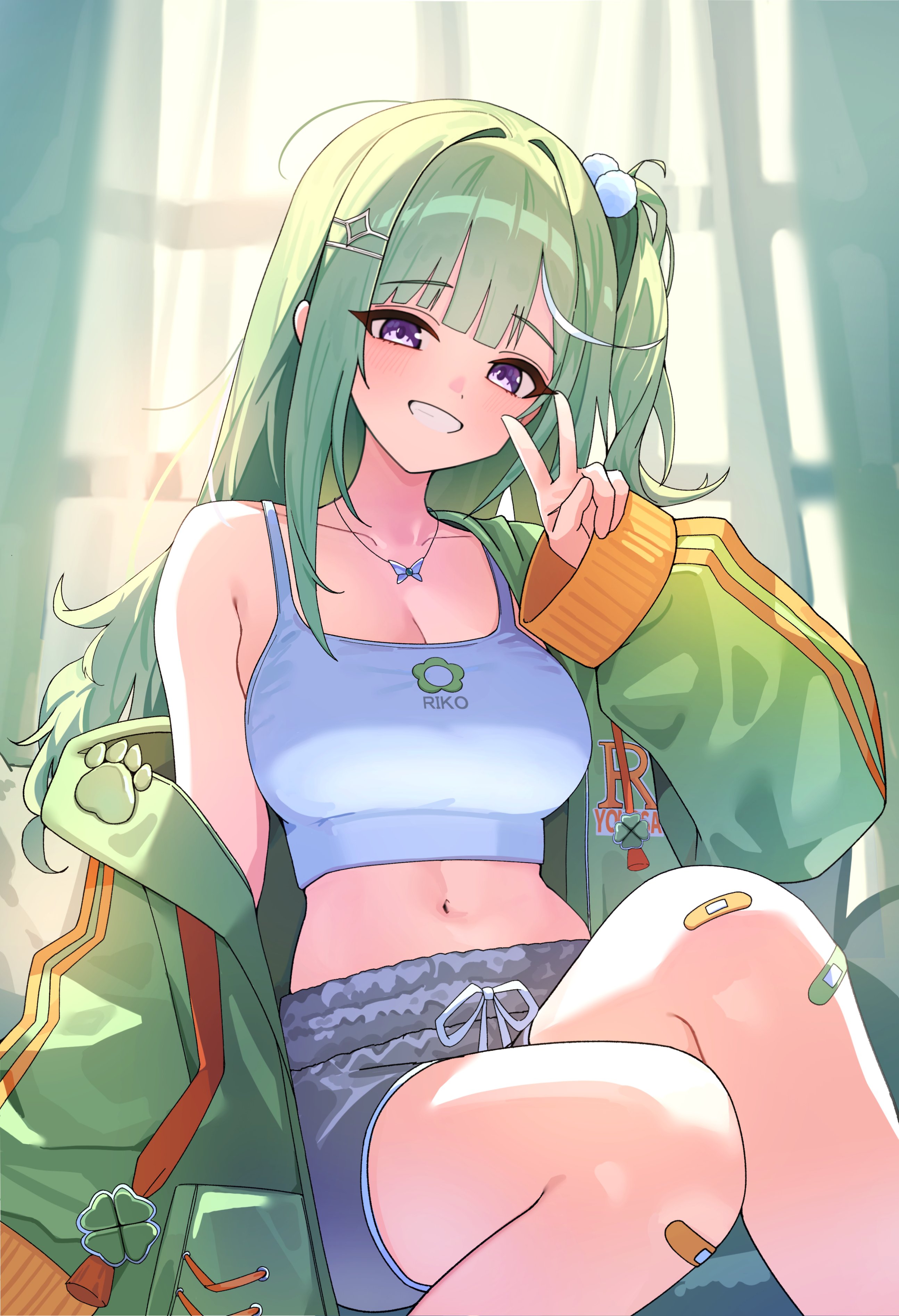 tay (cdjk7758), yuzuha riko, stellive, absurdres, hashtag-only commentary, highres, 1girl, bandaid, bandaid on knee, bandaid on leg, blue tank top, breasts, butterfly necklace, character name, cleavage, clover, crop top, day, feet out of frame, four-leaf clover, green hair, green jacket, grey shirt, grin, hair ornament, hand up, indoors, jacket, jewelry, large breasts, long hair, long sleeves, looking at viewer, midriff, multicolored hair, navel, necklace, off shoulder, one eye closed, open clothes, open jacket, paw print, pom pom (clothes), pom pom hair ornament, print tank top, purple eyes, shirt, short shorts, shorts, sitting, smile, solo, streaked hair, tank top, v, virtual youtuber