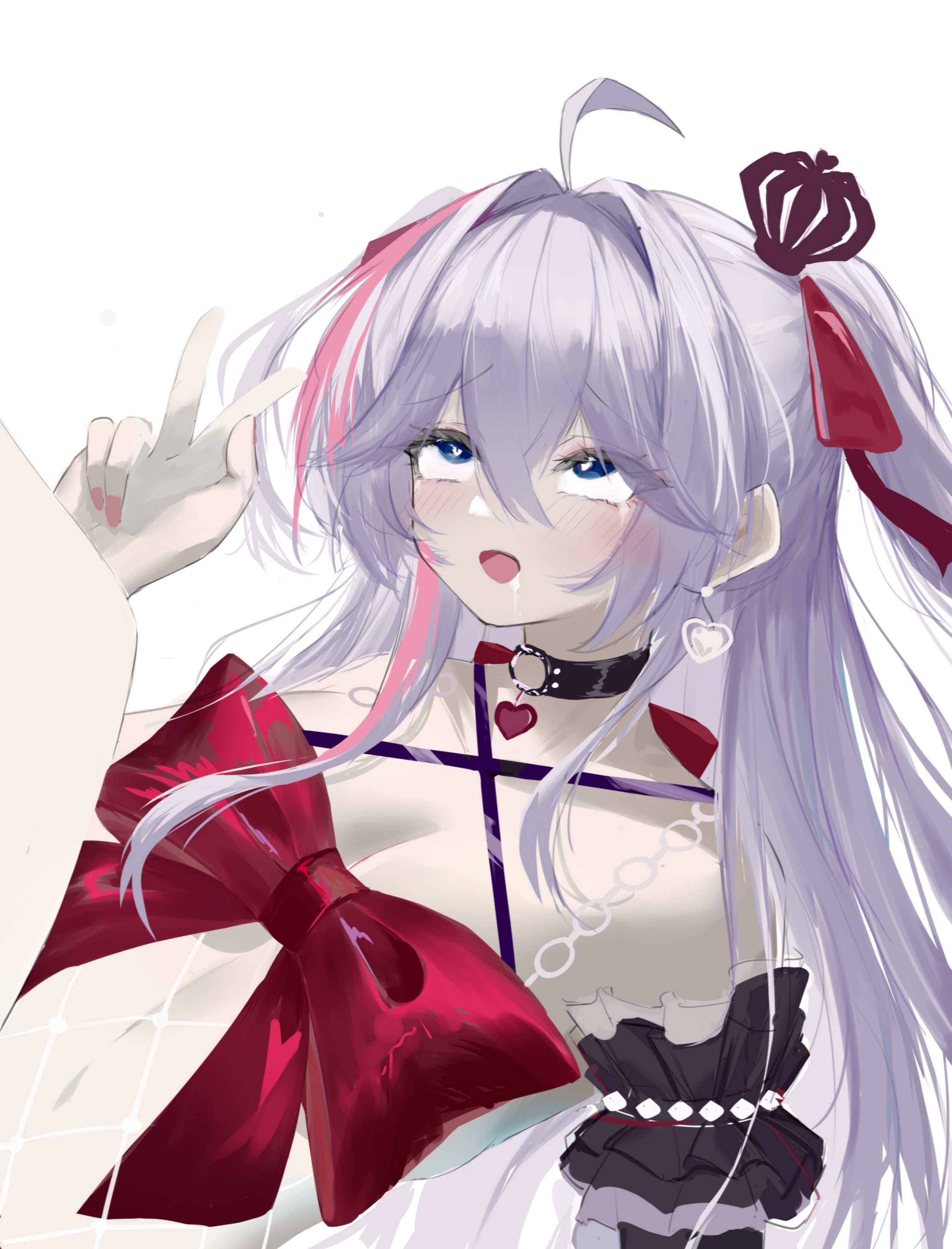 he yue, kanami (century idol) (strinova), kanami (strinova), strinova, absurdres, highres, 1girl, ahegao, ahoge, bare shoulders, blue eyes, blush, bow, breasts, choker, cleavage, collarbone, crown, detached sleeves, drooling, earrings, fishnets, frills, hair between eyes, hair intakes, hair ribbon, hand up, heart, heart-shaped pupils, heart earrings, implied sex, jewelry, knees up, leaning back, leg up, long hair, medium breasts, mini crown, multicolored hair, nail polish, navel, o-ring, o-ring choker, open mouth, pink hair, ribbon, saliva, saliva trail, side ponytail, sidelocks, symbol-shaped pupils, tongue, v, white hair