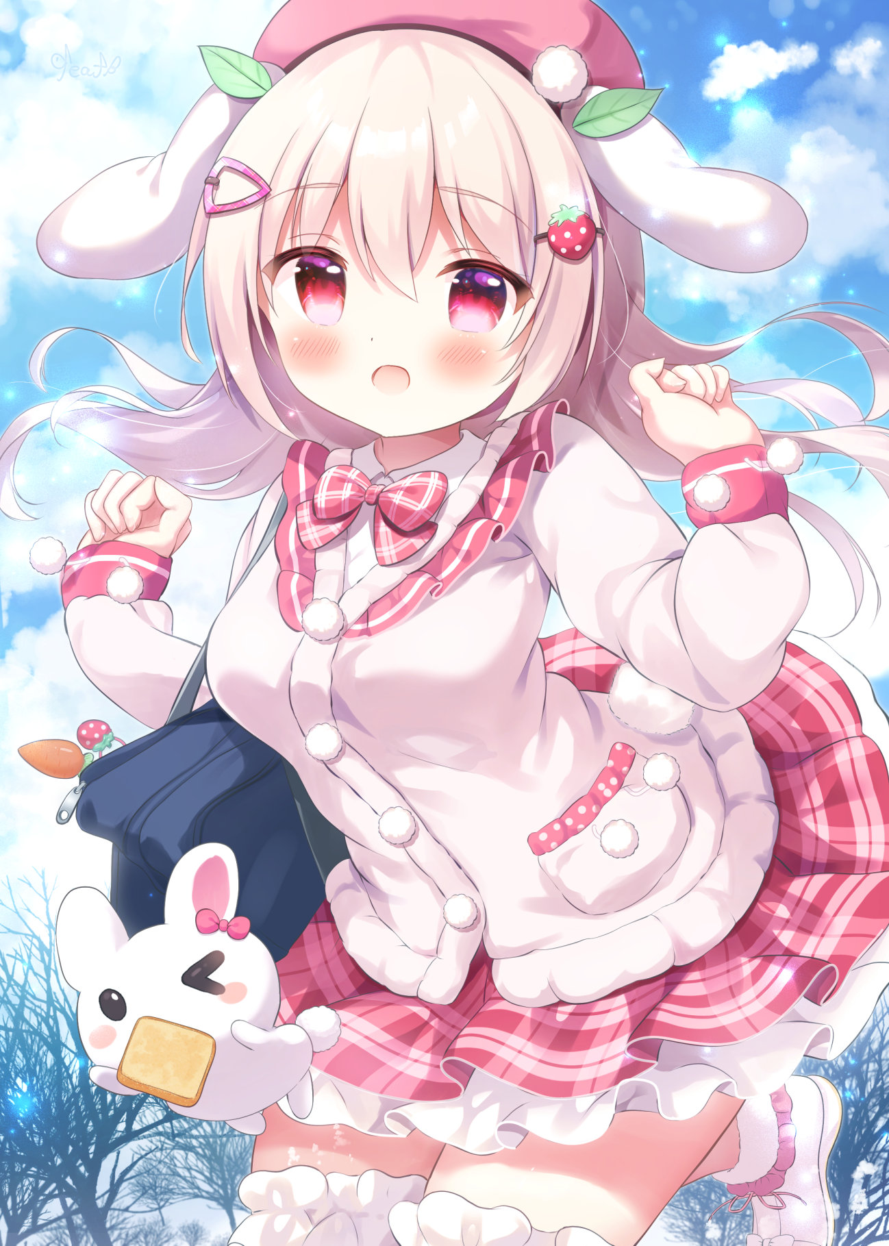 kotoriifu, original, commentary request, highres, 1girl, :o, animal, animal ears, bag, bag charm, beret, blush, bow, bowtie, bread, bread slice, cardigan, charm (object), day, floating hair, food, food-themed hair ornament, foot out of frame, foot up, frilled cardigan, hair between eyes, hair ornament, hairclip, hat, layered skirt, leaf hair ornament, long bangs, long hair, long sleeves, miniskirt, open mouth, outdoors, pink bow, pink bowtie, pink hair, pink hat, pink skirt, plaid clothes, plaid skirt, pleated skirt, pom pom (clothes), rabbit, rabbit ears, rabbit girl, school bag, school uniform, skirt, solo, strawberry hair ornament, toast, white cardigan