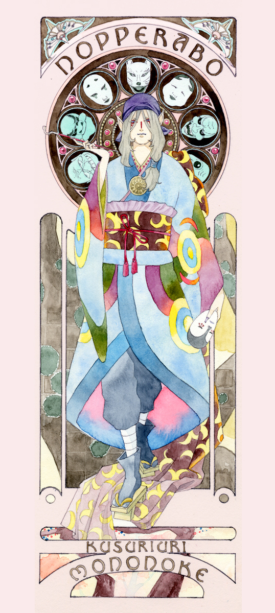 kusuriuri (mononoke), mononoke, highres, 00s, 1boy, art nouveau, bandana, blonde hair, blue eyes, character name, copyright name, facepaint, geta, japanese clothes, jewelry, kimono, kiseru, makeup, male focus, mask, medallion, necklace, obi, pointy ears, sandals, sash, smoking, smoking pipe, solo, sun symbol