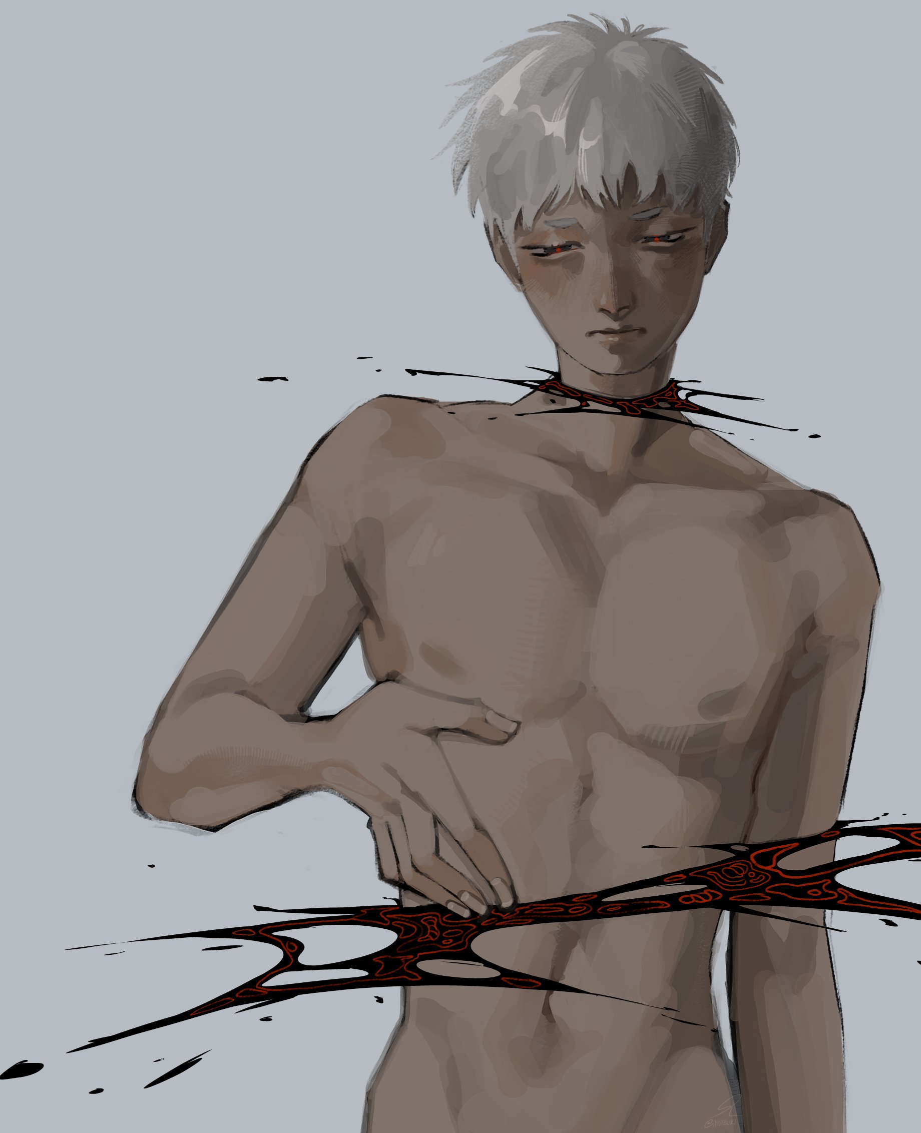 indou hikaru, hikaru ga shinda natsu, commentary, highres, 1boy, blush, closed mouth, collarbone, decapitation, fingernails, grey background, male focus, nipples, nude, red pupils, short hair, simple background, solo, upper body, white hair, xiutsuki