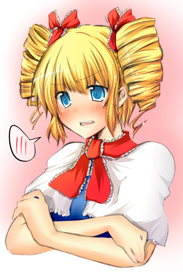 burujawa, alice margatroid, touhou, bad id, bad pixiv id, 1girl, alternate hairstyle, blonde hair, blue eyes, blush, capelet, drill hair, female focus, gradient background, hair ribbon, ribbon, solo, twin drills, upper body, white background