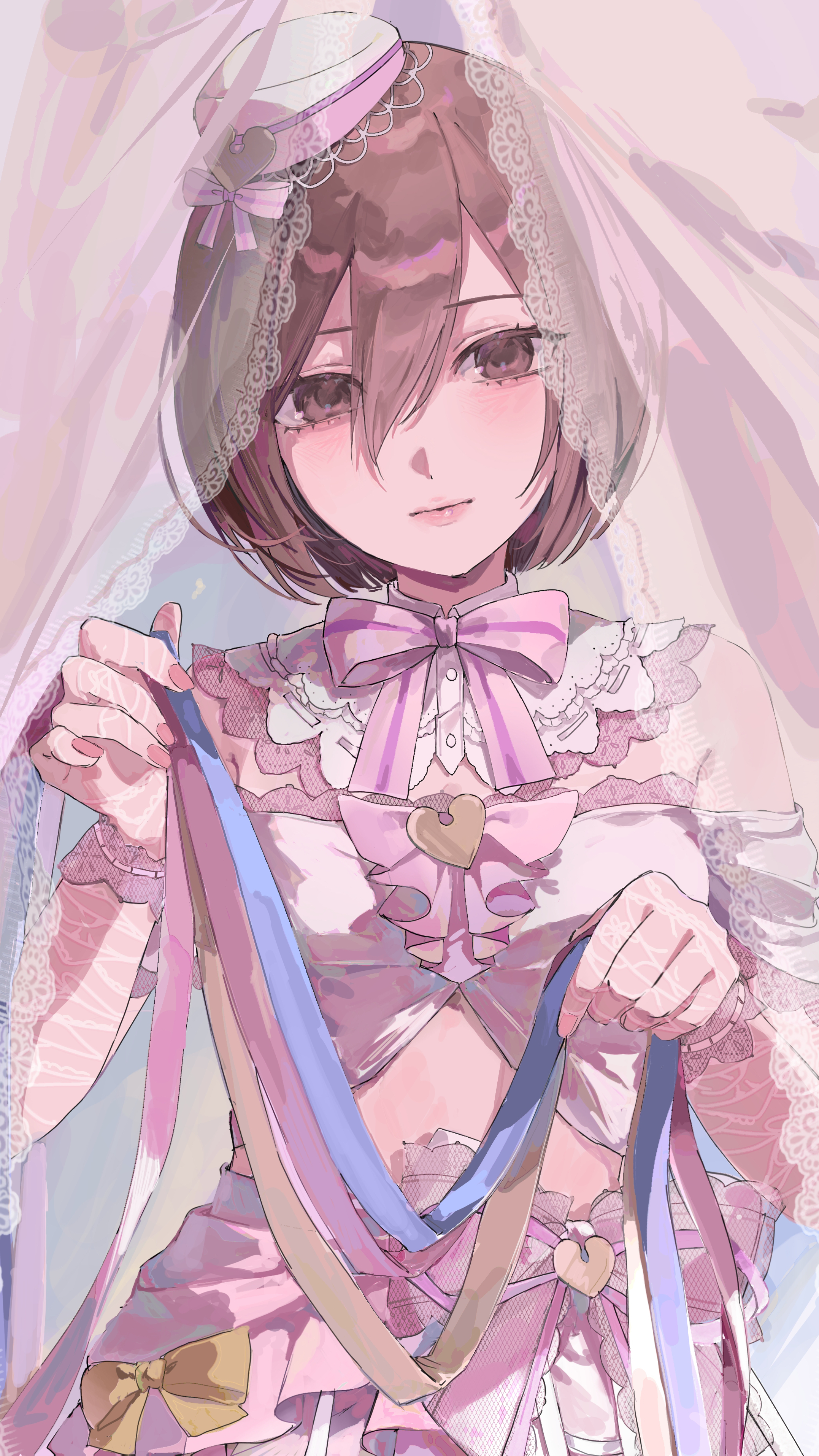 kani samurai, 25-ji meiko, meiko (vocaloid), project sekai, vocaloid, absurdres, commentary request, highres, 1girl, aegyo sal, bare shoulders, bob cut, bow, bow skirt, bowtie, breasts, brown eyes, brown hair, buttons, closed mouth, crop top, cropped shirt, curtains, detached collar, double-parted bangs, elbow gloves, fingernails, fishnets, gloves, grey background, hair between eyes, hands up, hat, hat bow, hat ornament, hat tip, head tilt, heart, heart hat ornament, holding, holding ribbon, lace, lace-trimmed bow, lace-trimmed shirt, lace gloves, lace trim, lips, looking at viewer, midriff, off-shoulder shirt, off shoulder, official alternate costume, pink bow, pink bowtie, pink skirt, ribbon, secret distance (project sekai), see-through curtains, shirt, short hair, short sleeves, simple background, skirt, small breasts, solo, standing, straight-on, striped bow, striped bowtie, striped clothes, upper body, white bow, white hat, white shirt, yellow bow