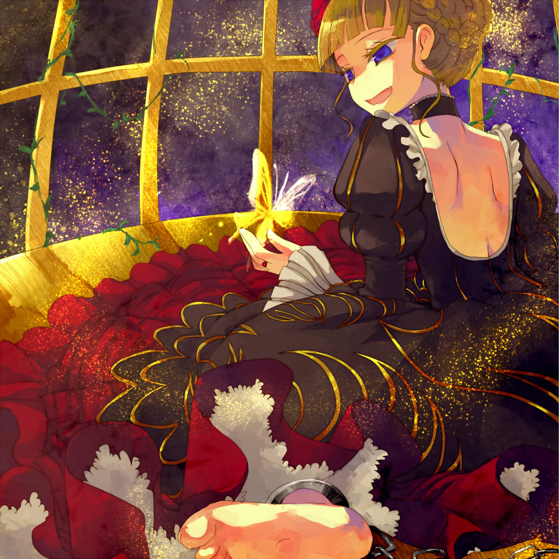 hanui, beatrice (umineko), umineko no naku koro ni, bad id, bad pixiv id, 00s, barefoot, blonde hair, blue eyes, bug, butterfly, dress, from behind, insect, looking back, solo