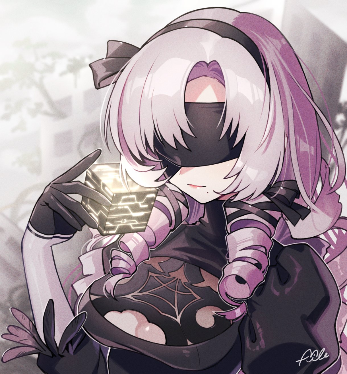 mile t0r0, 2b (nier:automata), hyakumantenbara salome, nier:automata, nier (series), nijisanji, commentary request, highres, 1girl, 2b (nier:automata) (cosplay), black gloves, black hairband, box, breasts, cleavage, cleavage cutout, clothing cutout, cosplay, drill hair, gloves, glowing lines, hairband, loose hair strand, medium breasts, mole, mole under mouth, pink lips, solo, twin drills, virtual youtuber