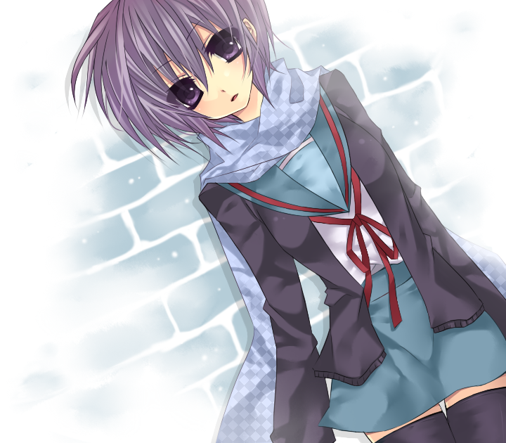 sakurase yuzuru, nagato yuki, suzumiya haruhi no yuuutsu, bad id, bad pixiv id, 00s, cardigan, dutch angle, purple eyes, scarf, school uniform, serafuku, short hair, solo, thighhighs, zettai ryouiki