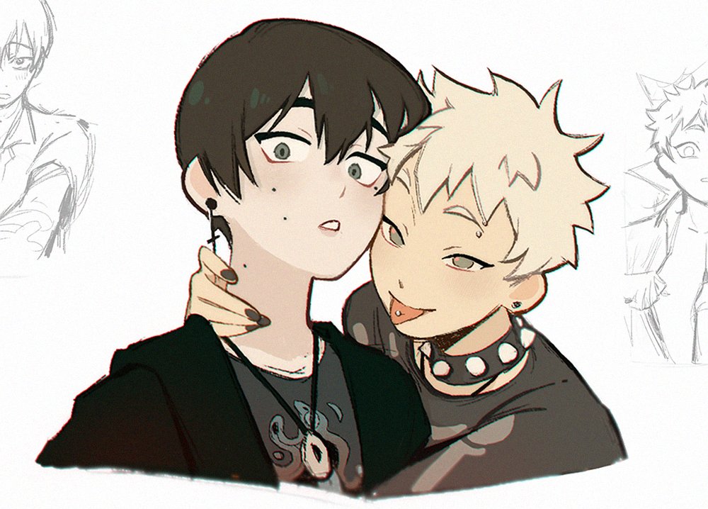 indou hikaru, tsujinaka yoshiki, hikaru ga shinda natsu, commentary, 2boys, alternate costume, black choker, black hair, black nails, black shirt, choker, eyebrow piercing, face piercing, hand on another's neck, jewelry, looking at viewer, male focus, mole, mole on cheek, mole on neck, mole under eye, multiple boys, multiple moles, necklace, netlen3, piercing, shirt, short hair, skeleton print, teeth, tongue, tongue out, tongue piercing, upper body, white hair