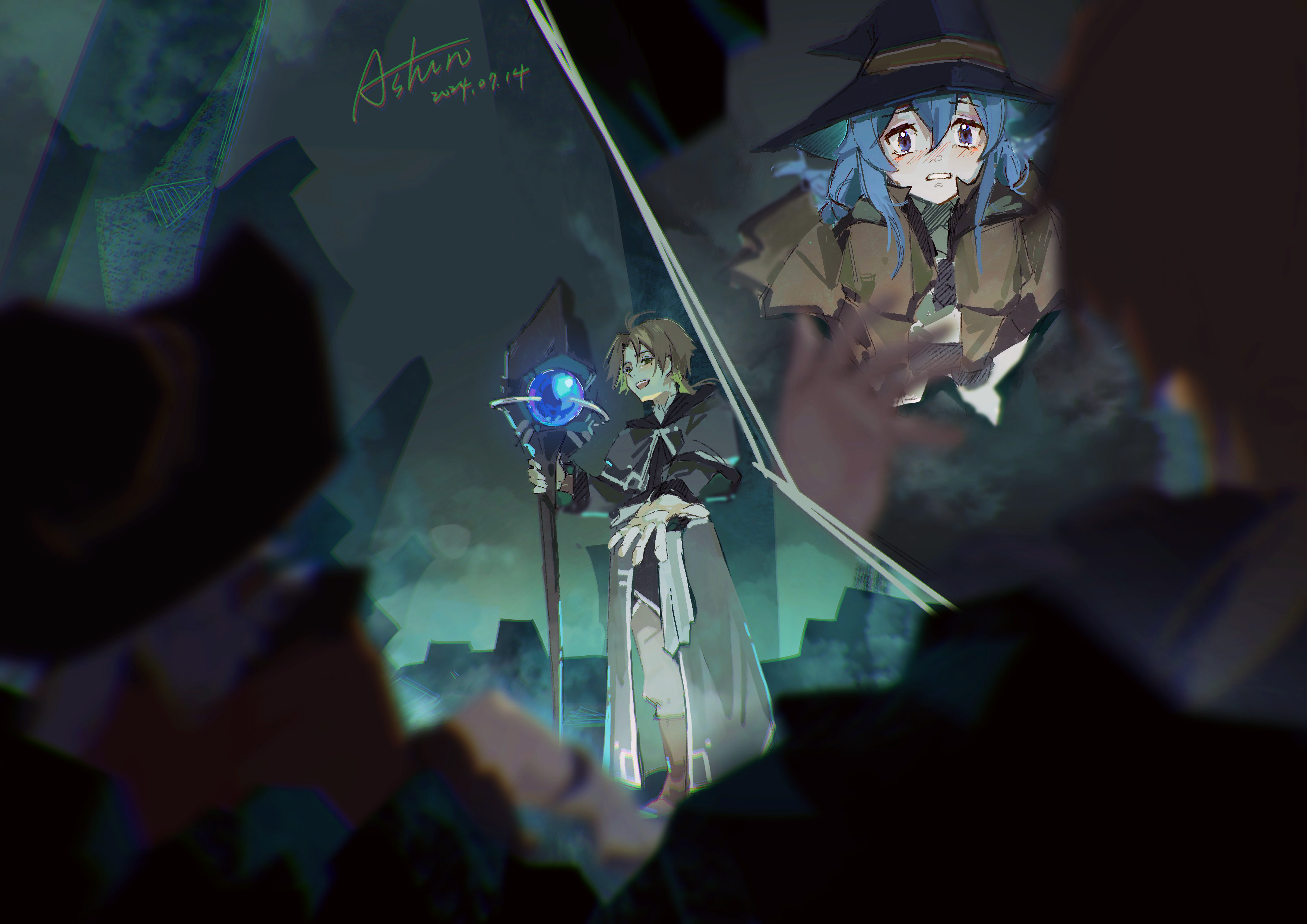ashino333333, roxy migurdia, rudeus greyrat, mushoku tensei, absurdres, highres, 1boy, 1girl, aqua heartia, blue eyes, blue hair, brown hair, cloak, dungeon, fog, hat, hood, hooded cloak, mage staff, multiple pov, outstretched hand, pov, split screen, staff, witch hat