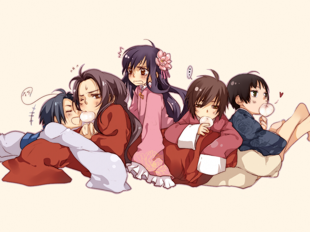 saiyki, china (hetalia), hong kong (hetalia), japan (hetalia), korea (hetalia), taiwan (hetalia), axis powers hetalia, > <, …, 00s, 1girl, 4boys, ^^^, ahoge, angry, arm support, barefoot, black eyes, black hair, blush, brown hair, changpao, chinese clothes, closed eyes, eating, floral print, flower, food, hair flower, hair ornament, hanbok, heart, japanese clothes, korean clothes, leaning, long hair, lying, mouth hold, multiple boys, obi, on stomach, one eye closed, open mouth, plum blossoms, purple hair, red eyes, sash, short hair, simple background, sweat, tears, wide sleeves, wink