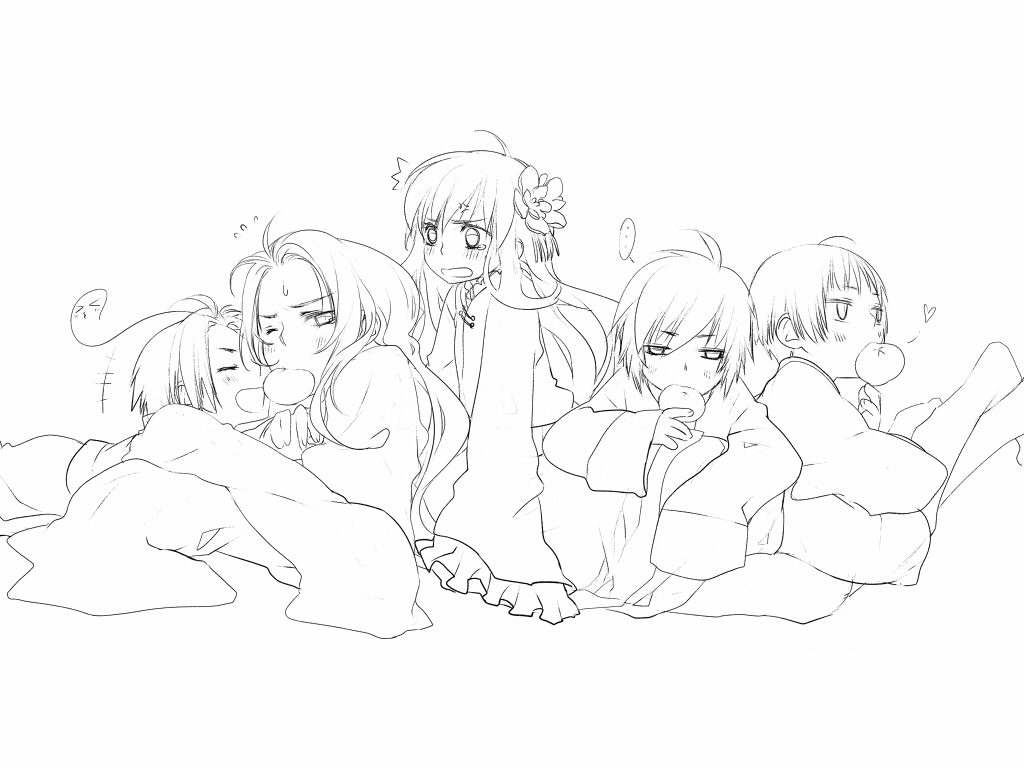 61, china (hetalia), hong kong (hetalia), japan (hetalia), korea (hetalia), taiwan (hetalia), axis powers hetalia, > <, …, 00s, 1girl, 4boys, ^^^, ahoge, angry, arm support, barefoot, blush, changpao, chinese clothes, closed eyes, eating, flower, food, greyscale, hair flower, hair ornament, heart, leaning, lineart, long hair, lying, monochrome, mouth hold, multiple boys, one eye closed, open mouth, short hair, sketch, sweat, tears, wide sleeves, wink