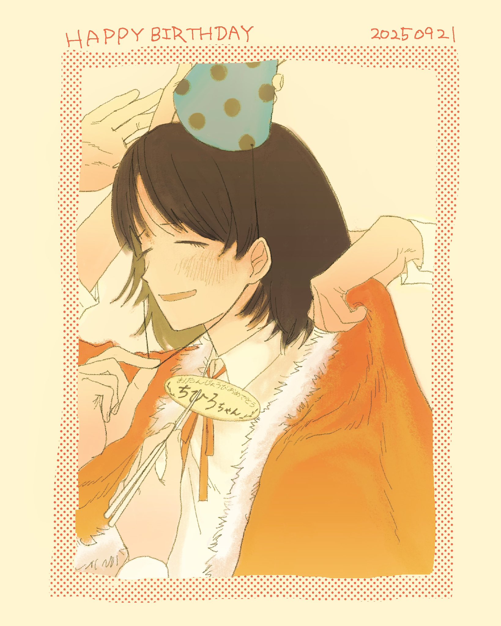 hatono chihiro, futsuu no keion-bu, commentary request, highres, 1girl, black hair, blush, cape, character name, chopsticks, closed eyes, dated, fur-trimmed cape, fur trim, happy birthday, hat, holding, holding chopsticks, holding with chopsticks, marzipan, medium hair, neck ribbon, out of frame, party hat, red cape, red ribbon, ribbon, runrun (kvtrz), smile, upper body