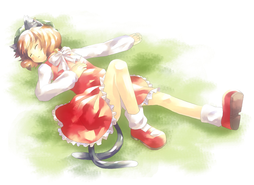 kaiso, chen, touhou, bad id, bad pixiv id, 1girl, animal ears, brown hair, cat ears, cat girl, cat tail, dress, earrings, female focus, full body, gradient background, hat, jewelry, legs, outdoors, short hair, sleeping, solo, tail, white background