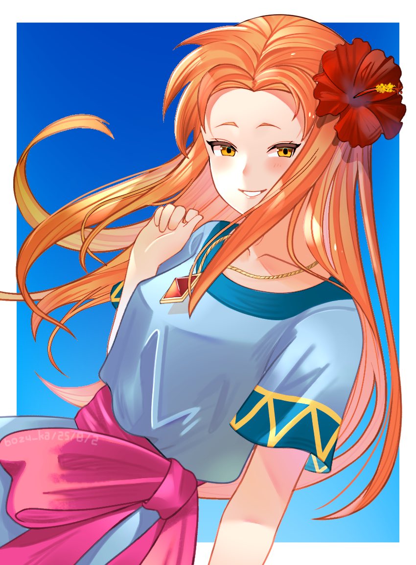 bozu ka, marin (zelda), nintendo, the legend of zelda, the legend of zelda: link's awakening, commentary request, 1girl, blue background, blue dress, border, dress, floating hair, flower, hair flower, hair ornament, jewelry, long hair, necklace, orange hair, outside border, pink sash, red flower, sash, smile, solo, white border, yellow eyes